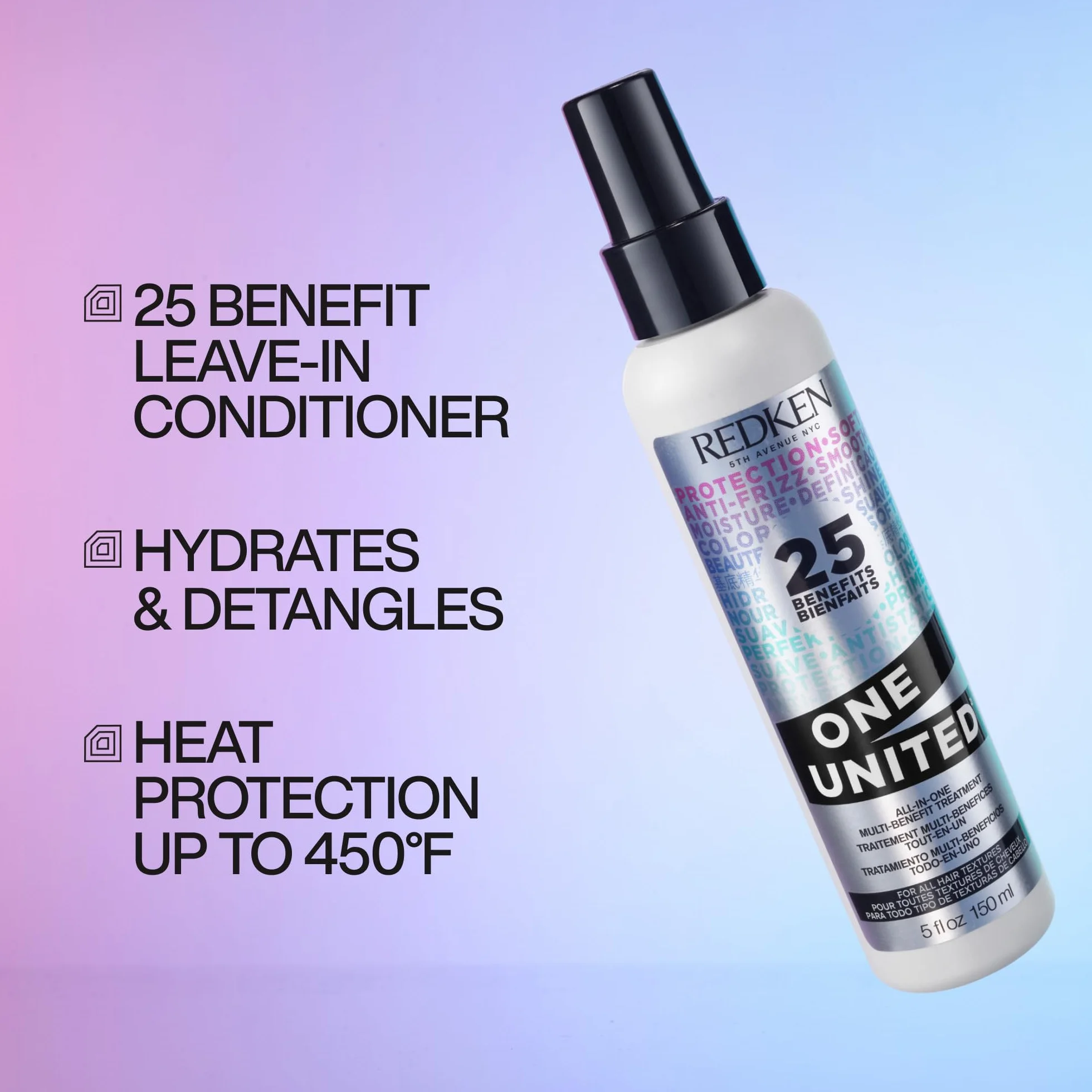 Redken Multi-Benefit-Treatment, Feuchtigkeitsspendendes Pflege-Spray für alle Haartypen, Hitzeschutz & Anti-Haarbruch, One United, 1 x 400 ml