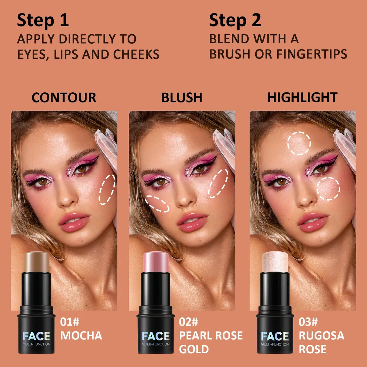 Set mit 3 Konturenstiften in Creme, Rouge, Highlighter, Bronzer und Konturenstift, matt, wasserfest, mit Pinsel, cremiger Stift, nicht fettend
