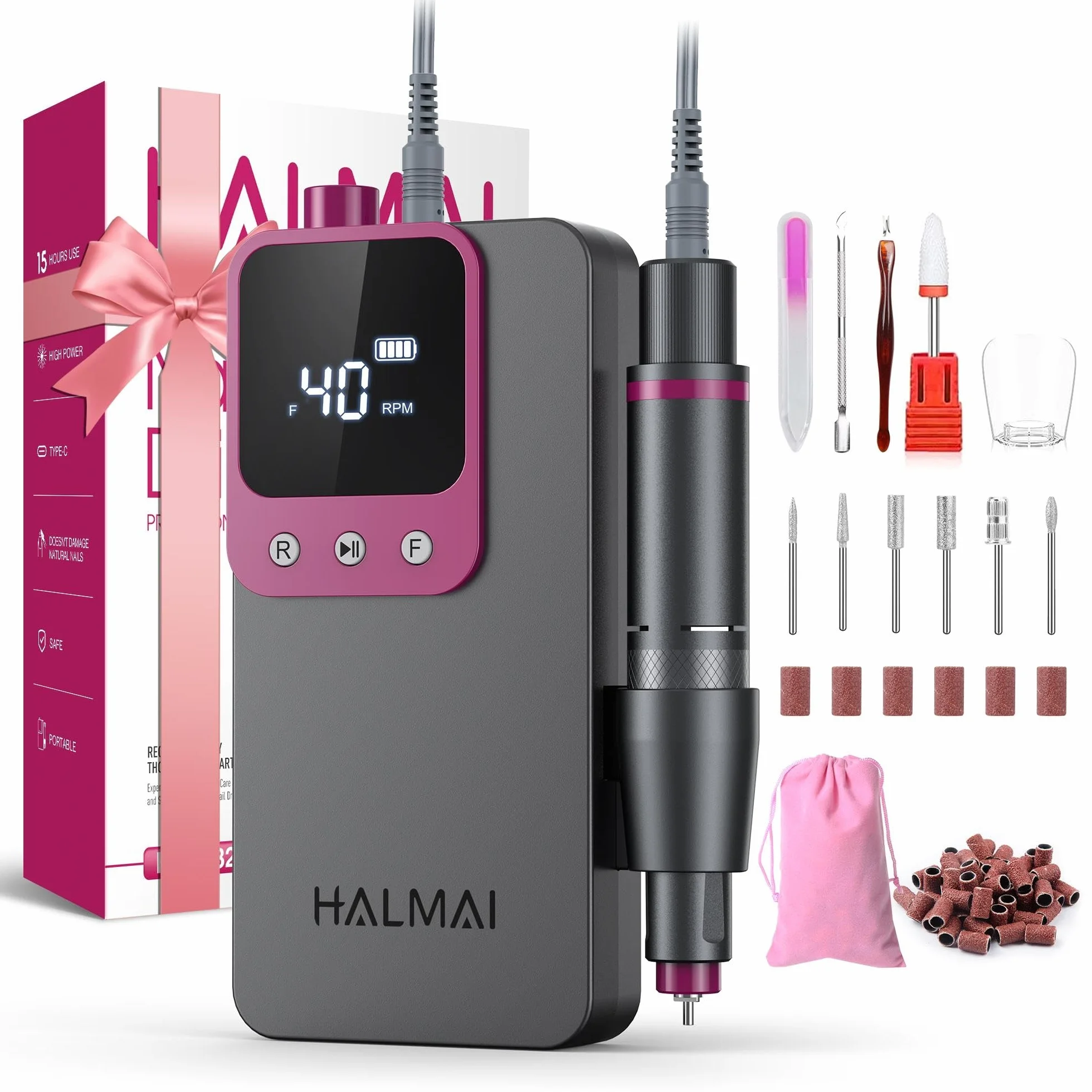 HALMAI Elektrischer Nagelfräser Professionell, Tragbare Nagelfeile für Acryl-Gel-Nägel, Kabelloses wiederaufladbares Nagelbohrer-Kit 40000RPM, HMC320 Salon-Grade Efeil-Nagelmaschine (Dunkelgrau)