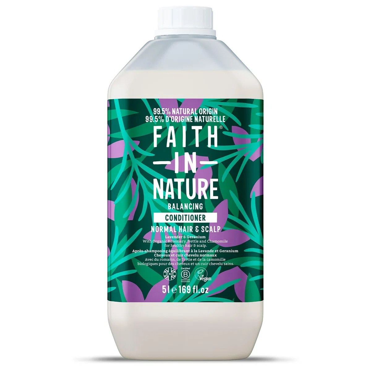 Faith In Nature Natürliches Lavendel & Geranie Conditioner, Ausgleichend für normales Haar & normale Kopfhaut, Vegan und tierversuchsfrei, Ohne SLS, Silikone oder Parabene, 5 L Nachfüllpack