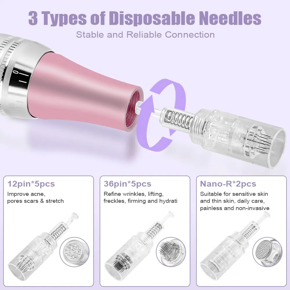 Vicloon Elektrisch Microneedling Pen, Drahtloser Elektrischer Dermapen Mikroneedling mit LCD Bildschirm und 5 Stufen, Einstellbar 0-2,5mm, Microneedle Haut Reparatur Tool (inkl.12 Nadelköpfe)-Rosa