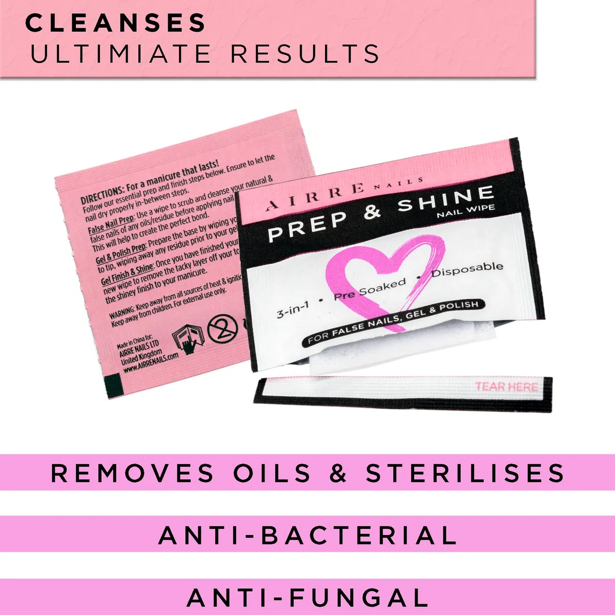 AIRRE 50 Professionelle Alkohol Prep & Shine Nail Wipes (3in1) Alkoholtücher für Gelnägel, Acrylnägel, Press on Nails & Tips Entfernt klebrige Gelschichtrückstände, Bereitet UV/LED Gellack & Falsche