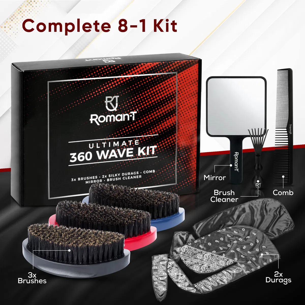 Roman-T 8-in-1 360 Wellenpinsel-Set – Pinsel-Set für 360 Wellen – 3 Wellenbürsten, weich, mittel & hart – 2 seidige Satin Durag – Schwarz & Schwarz Paisley, Handspiegel, Kamm, Haarbürstenreinige