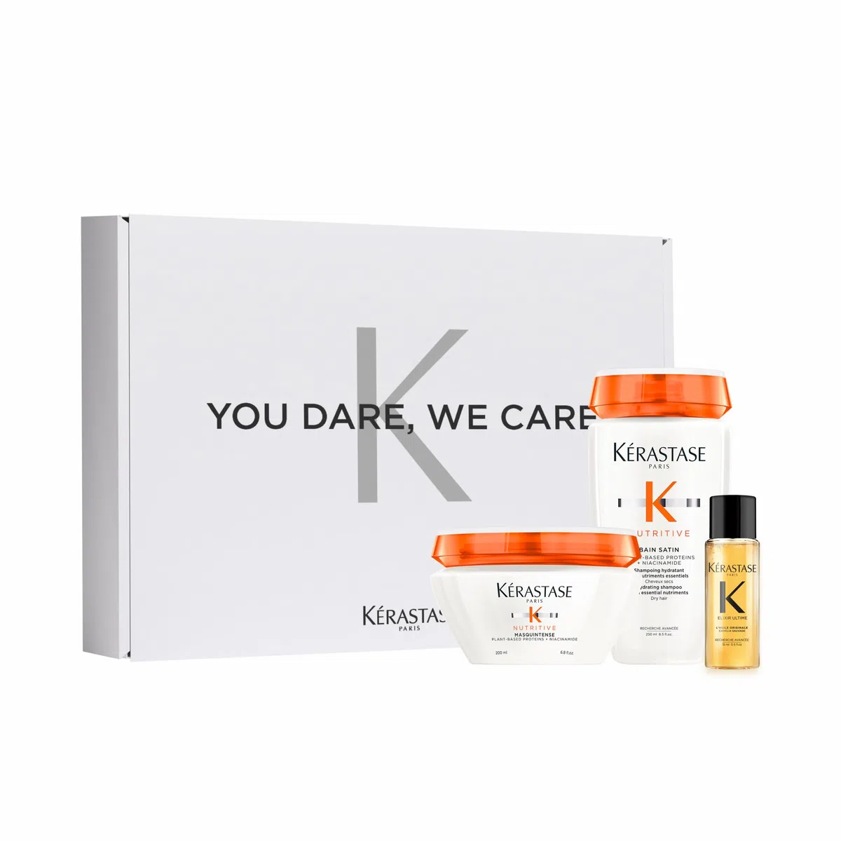 Kérastase Pflegeset mit Nutritive Bain Satin Riche High Nutrition Rich Shampoo, Nutritive Masquintense Deep Nutrition Soft Mask und Elixir Ultime Huile Originale Haaröl in Reisegröße (15 ml) gratis