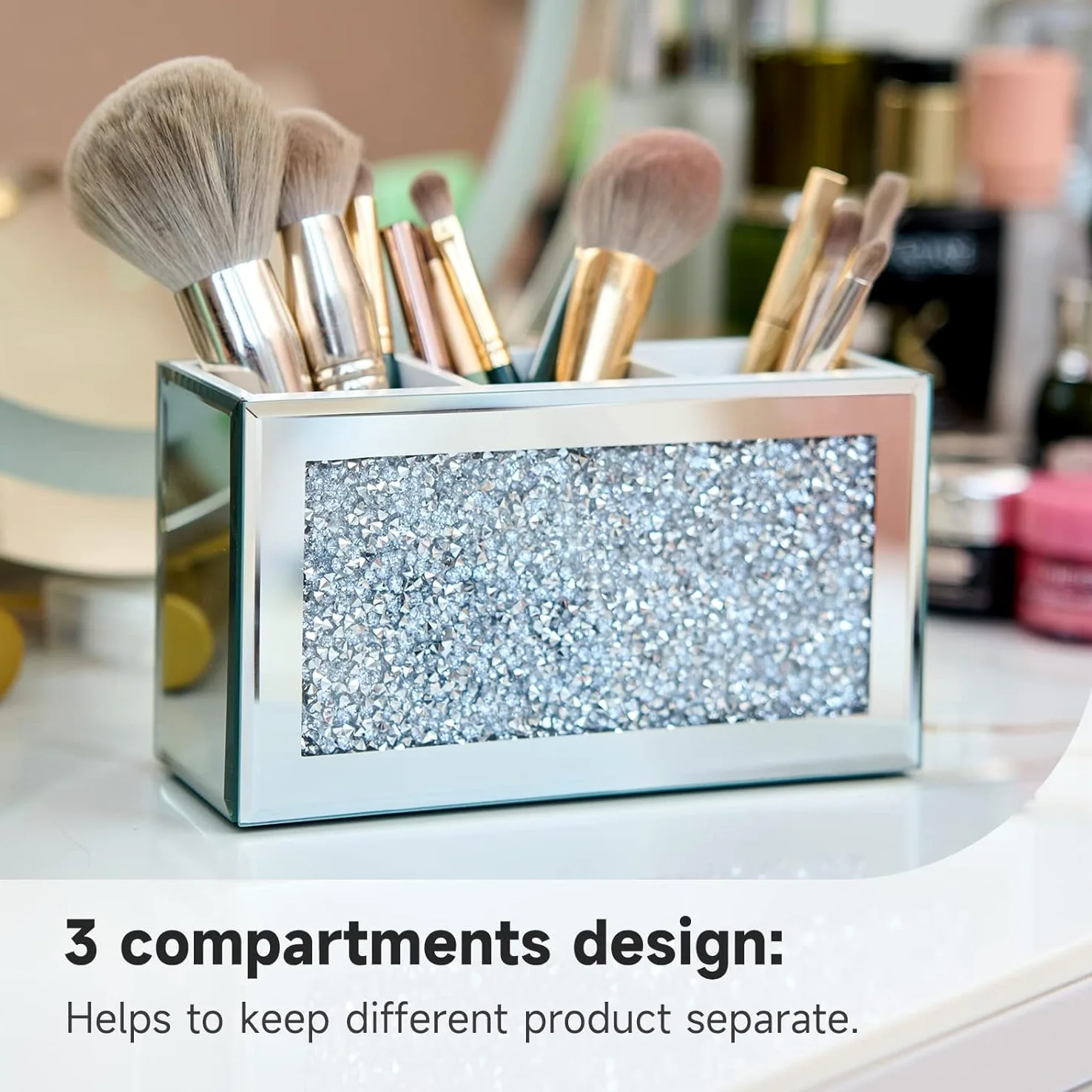 Kosmetik Make Up Organizer Make-up-Pinselhalter Mit 3 Fächern Für Vanity Cosmetic Storage Organizer Bling Crushed Diamond Eyeliners Eyebrow Vitrine Schmink Beauty Zubehör