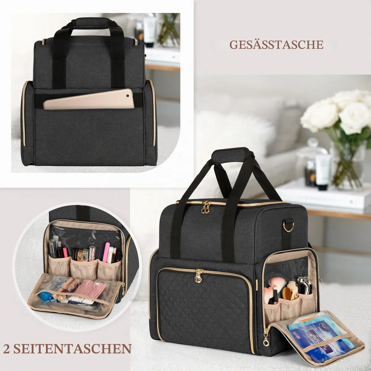 Luxja Kulturbeutel zum Tragen, Kulturtasche für Damen & Männer, Kosmetiktasche für Make up, Make Up Tasche Organizer, Kosmetikkofffer für Mädchen und Frauen, Schwarz