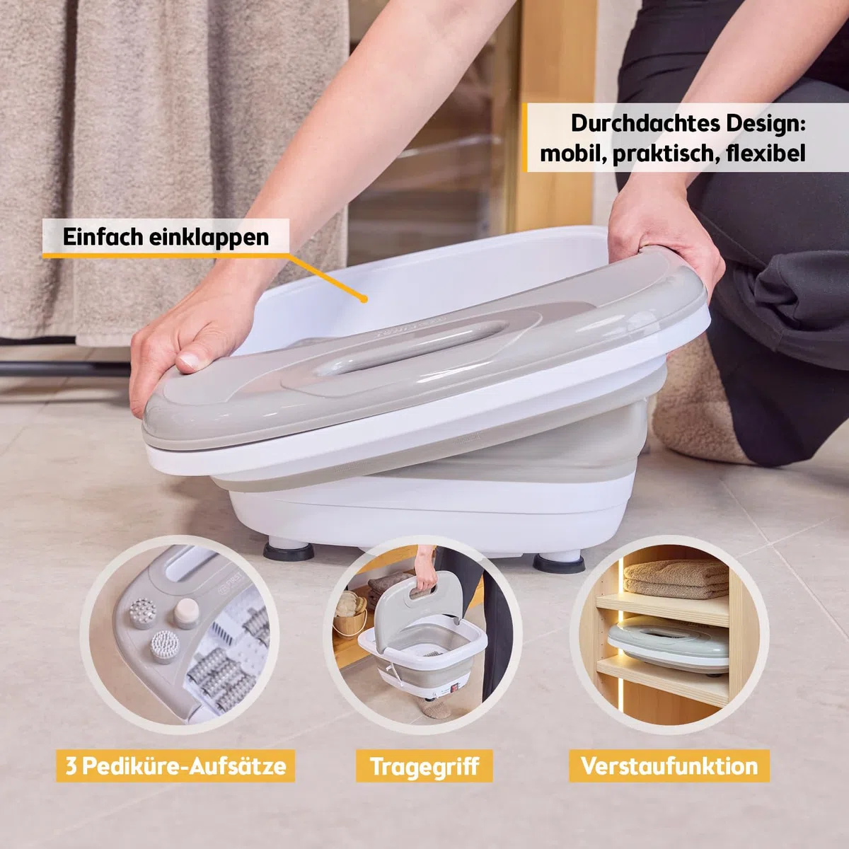 TZS First Austria - Fußsprudelbad 500W - Fußmassagegerät mit 3 Aufsätzen & 8 Massagerollen - Vibrations- & Luftblasenmassage, Infrarot- & Heizfunktion - Klappbar bis Größe 47 - Grau