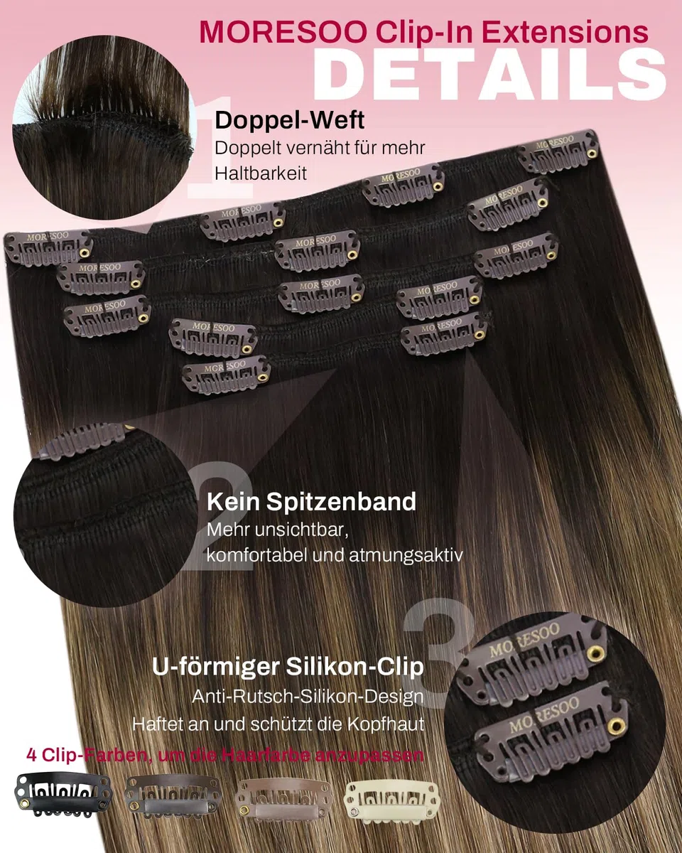 Moresoo Clip in Extensions Echthaar, Salon Qualität Weiches Glattes Haar 35 cm 5 Stück 80g Echthaar Extensions Clip in #4/10/16 Braun zu Braun mit Blond, Leicht zu Tragen Solide und Langlebig 14 Zoll