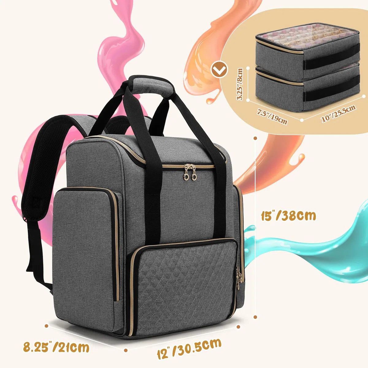 Luxja Kosmetik Rucksack für Nagellack, Grau | Nagellack Aufbewahrungstasche für Nagellampe und Nagellack, Nagellack Organizer Rucksack Groß, Grau