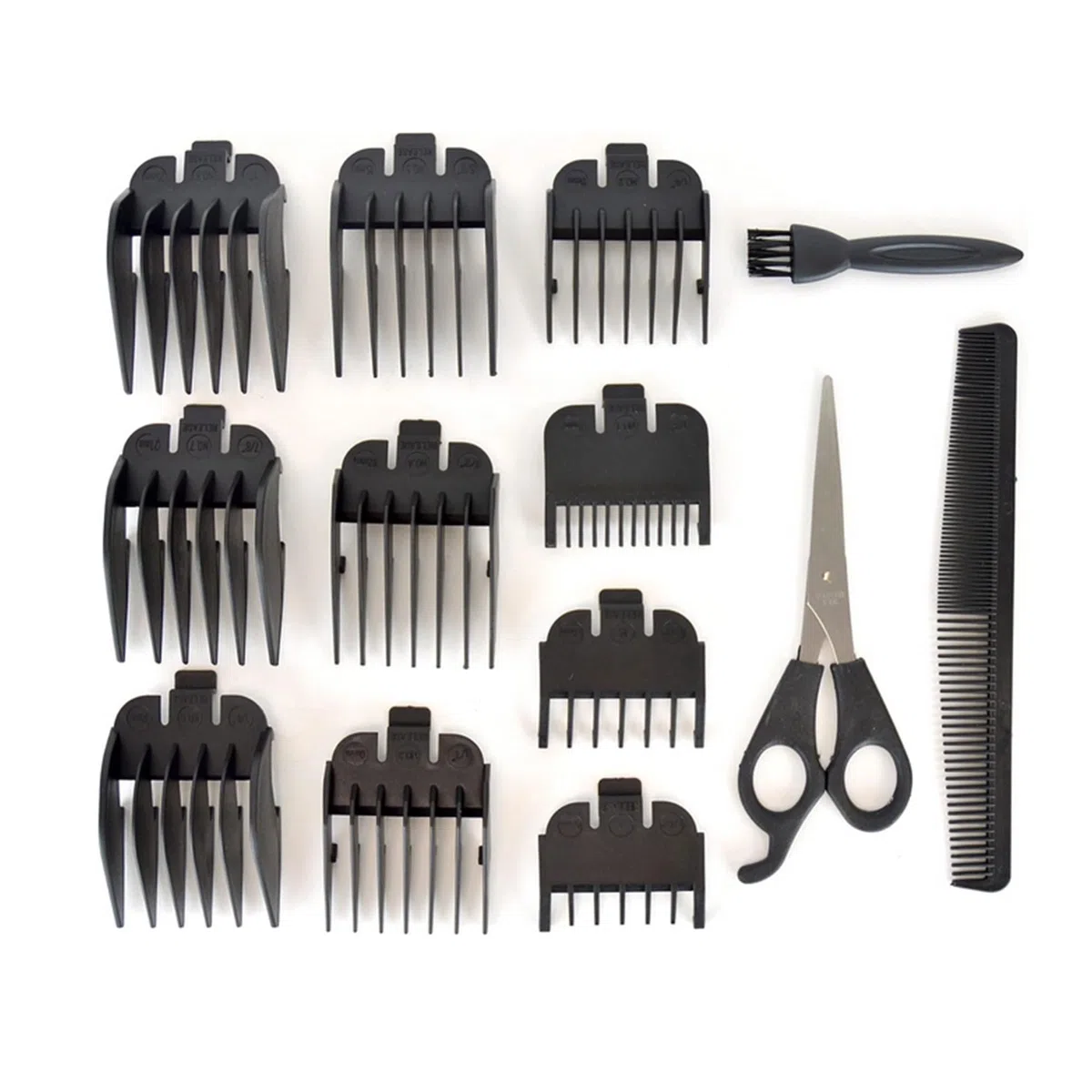 Professionelle Haarschneidemaschine mit Tragetasche und Zubehör, 2,5 m langes Kabel, 10 verschiedene Kammaufsätze 0,5 mm - 25 mm, Rot/Silber, Stahlklingen, Schere und Friseurkamm