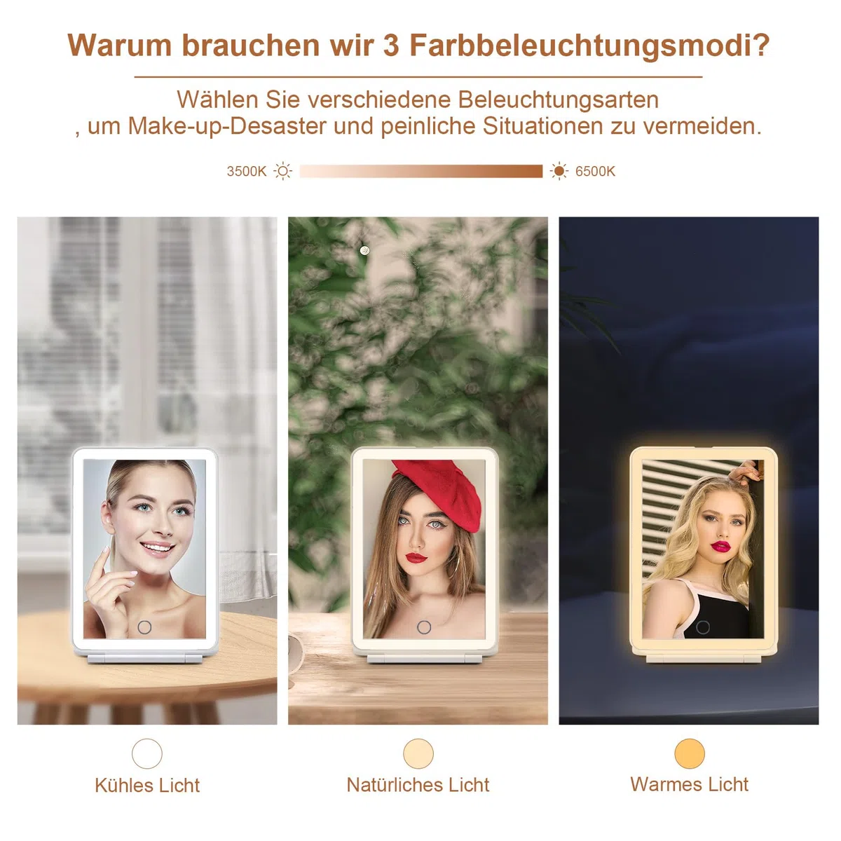 FASCINATE Kosmetikspiegel mit Beleuchtung, Wiederaufladbarer LED Schminkspiegel mit 3 Lichtfarben, Vergrößerungsspiegel Helligkeit einstellbar