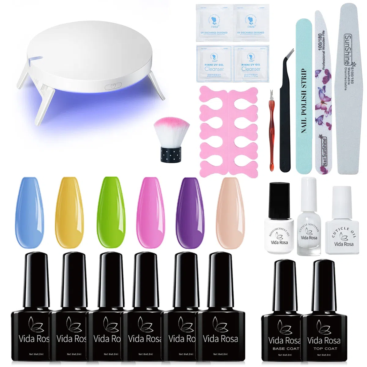 Vida Rosa Gel-Nagel-Set mit UV-LED-Lampe, Starter-Komplettset, 6 Farben, 8 ml, Gel-Nagellack, glänzender Decklack und Unterlack, Glitzer-Nagelkunst-Dekorationen, Maniküre-Werkzeuge, komplettes Set…