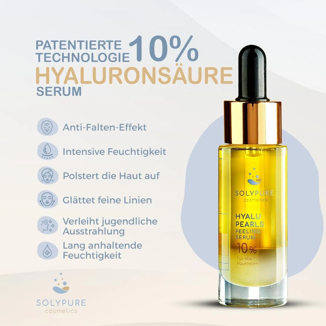 SolyPure HYALU-PEARLS – Hyaluron Serum Gesicht – 10% Hyaluronsäure – Hochdosiert – Feuchtigkeit – Anti-Aging – Peeling-Effekt – mit Arganöl & Jojobaöl – Patentierte Perlentechnologie