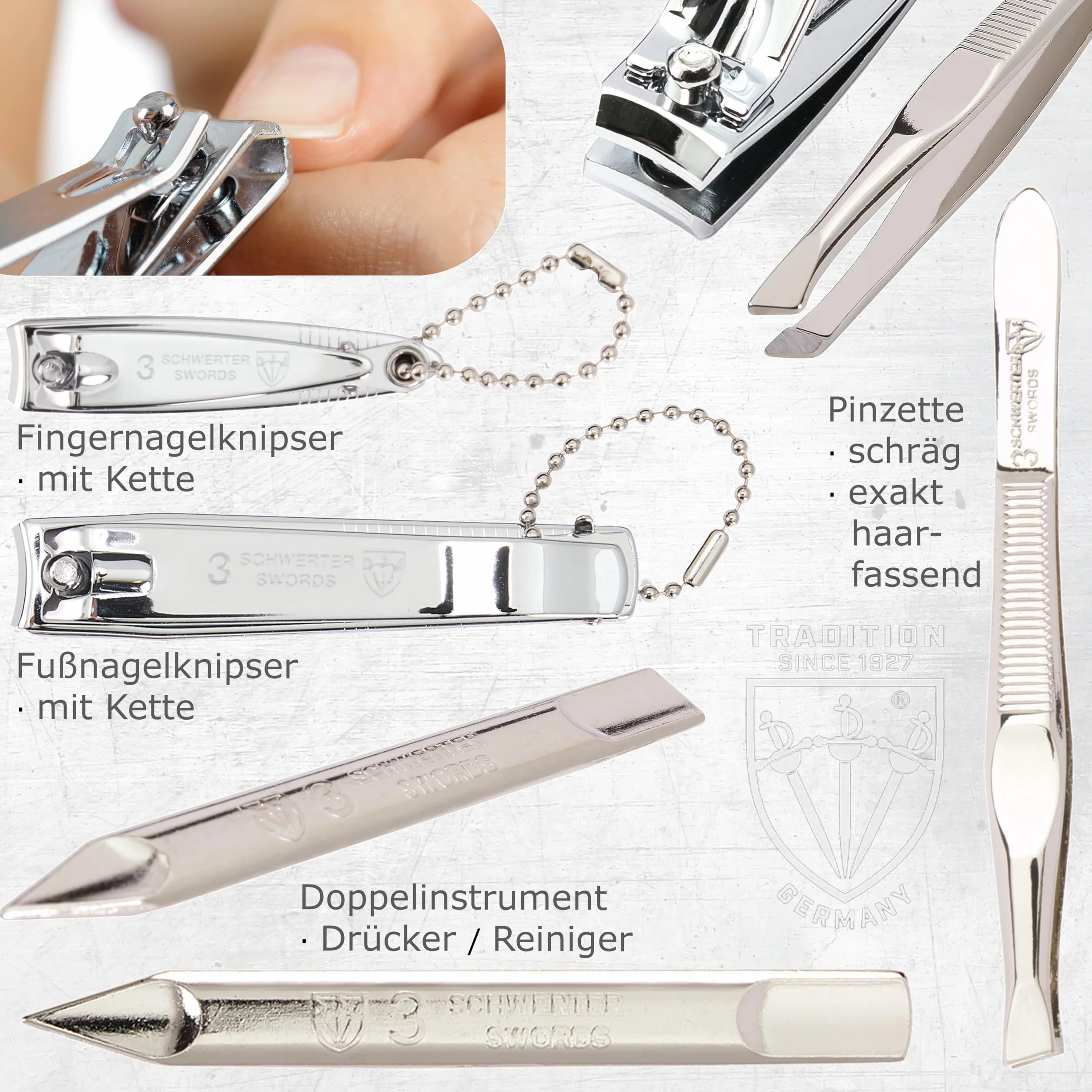 DREI SCHWERTER - Maniküreset 'Roma' - Nageletui mit 8 Instrumenten: Nagelschere, Hautschere, Fuß/Finger-Nagelknipser, Nagelreiniger, Pinzette, Glasnagelfeile, Saphirnagelfeile - carbon/schwarz