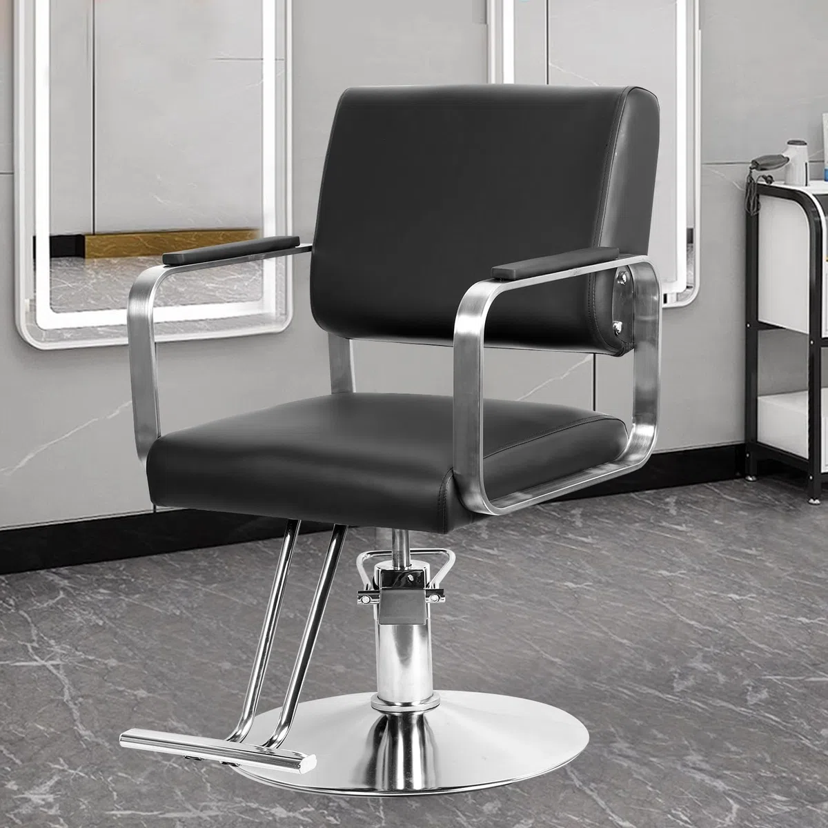 Friseurstuhl höhenverstellbar, hydraulischer Barberstuhl 360° drehbar, Friseursessel mit Fußstütze, PVC Kunstleder, Metallrahmen, 150 kg, für Friseursalon Beauty Tattoo Studio Schwarz