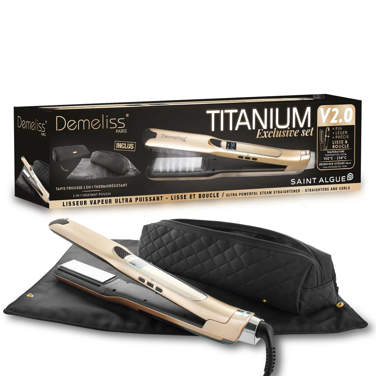 Demeliss Saint Algue Set mit Dampfglätter Titanium V2.0 EXLUSIVE Set – enthält eine 2-in-1-Matte – Hochleistungsglättung, intensive Feuchtigkeitsversorgung – für alle Haartypen