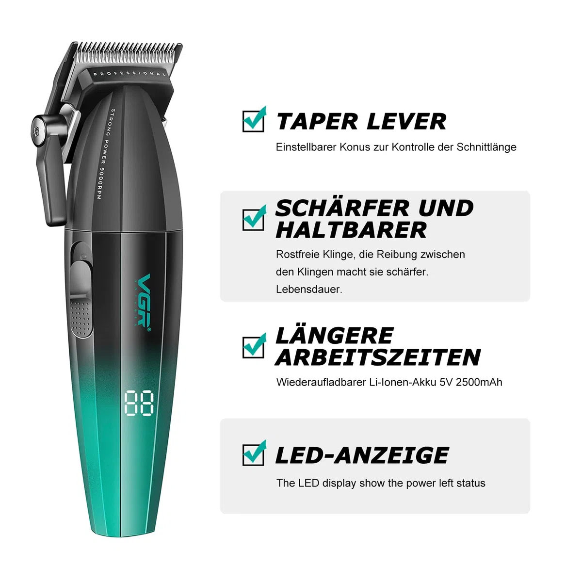 Vgr 003 Fresh Fade Haarschneidemaschine Professionelle Haarschneidemaschine Schnur/Kabellos Wiederaufladbare Haarschneidewerkzeuge mit LED-Anzeige, Geschenk für Männer
