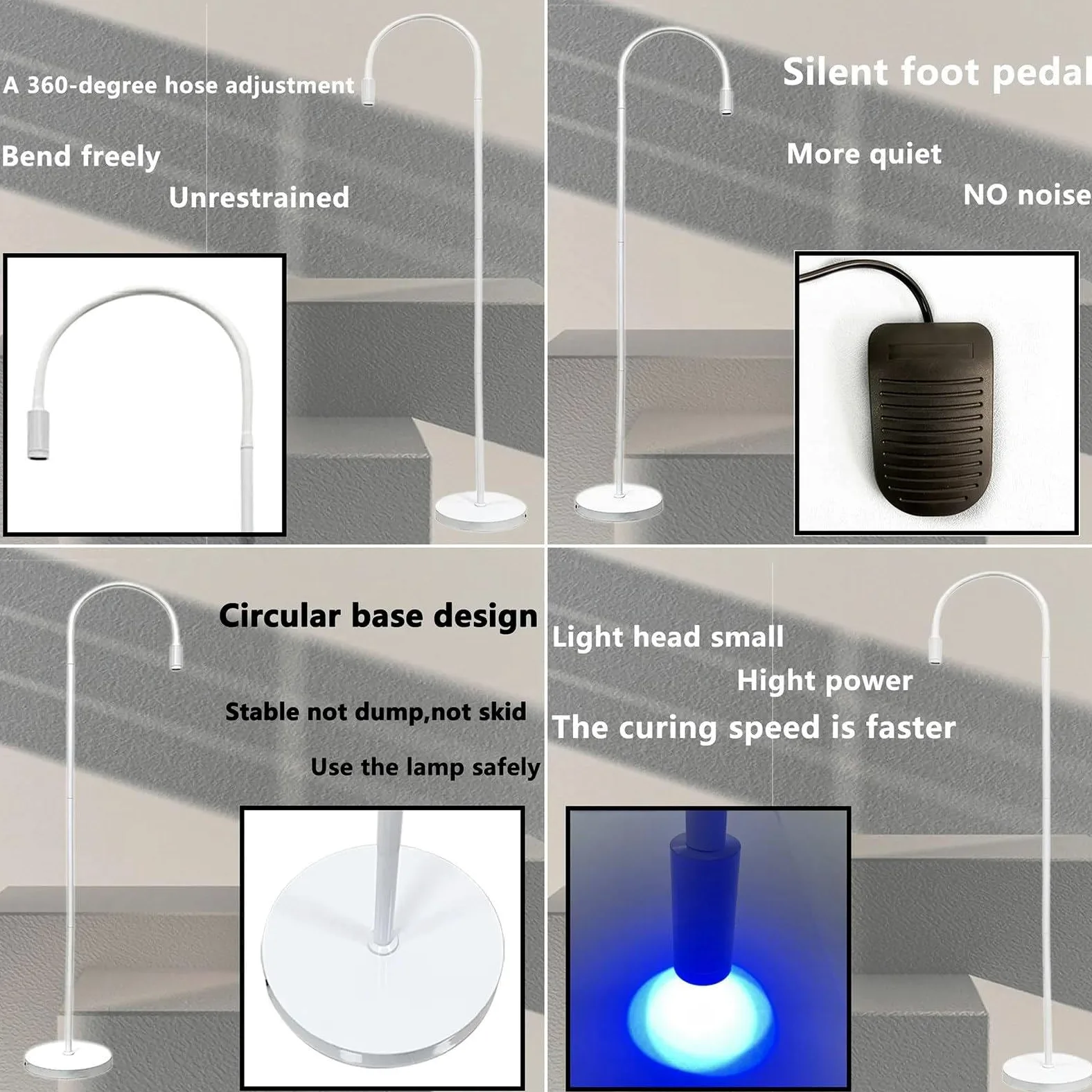 UV-Licht für lichthärtenden UV-Wimpernverlängerungskleber, UV-LED-Wimpernverlängerungslicht + Augenklappe + Schutzbrille + Fußschalter,Einstellbare Punktgröße,10 W flexibler Schwanenhals,Black