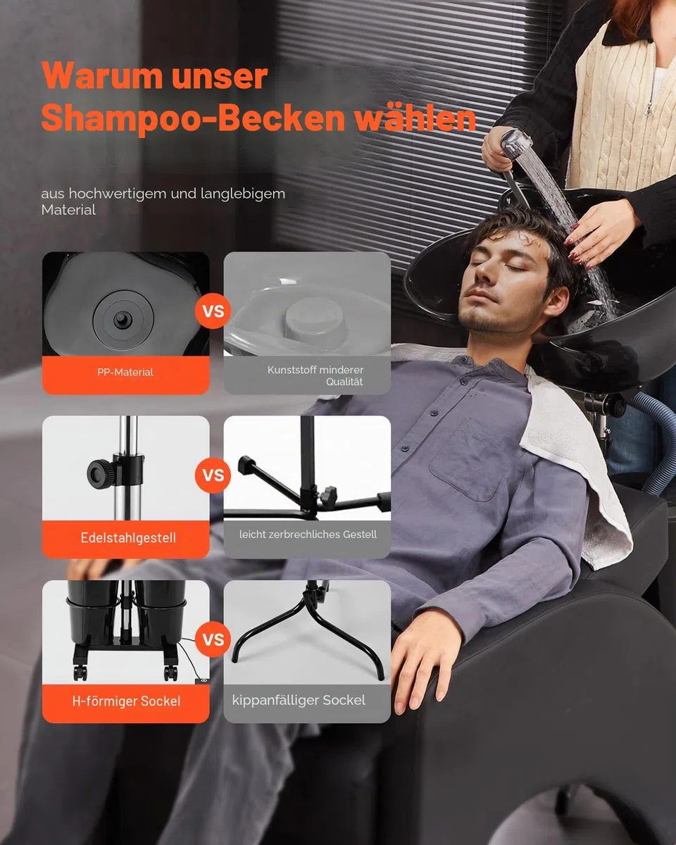 VEVOR Friseur Waschbecken, Haarwaschwanne mit elektrischer Pumpe, inkl. 2 Eimern, 2 Duschköpfen, Ablaufschlauch, höhen- und winkelverstellbarer Rückwärtswaschbecken für Friseursalon, schwarz