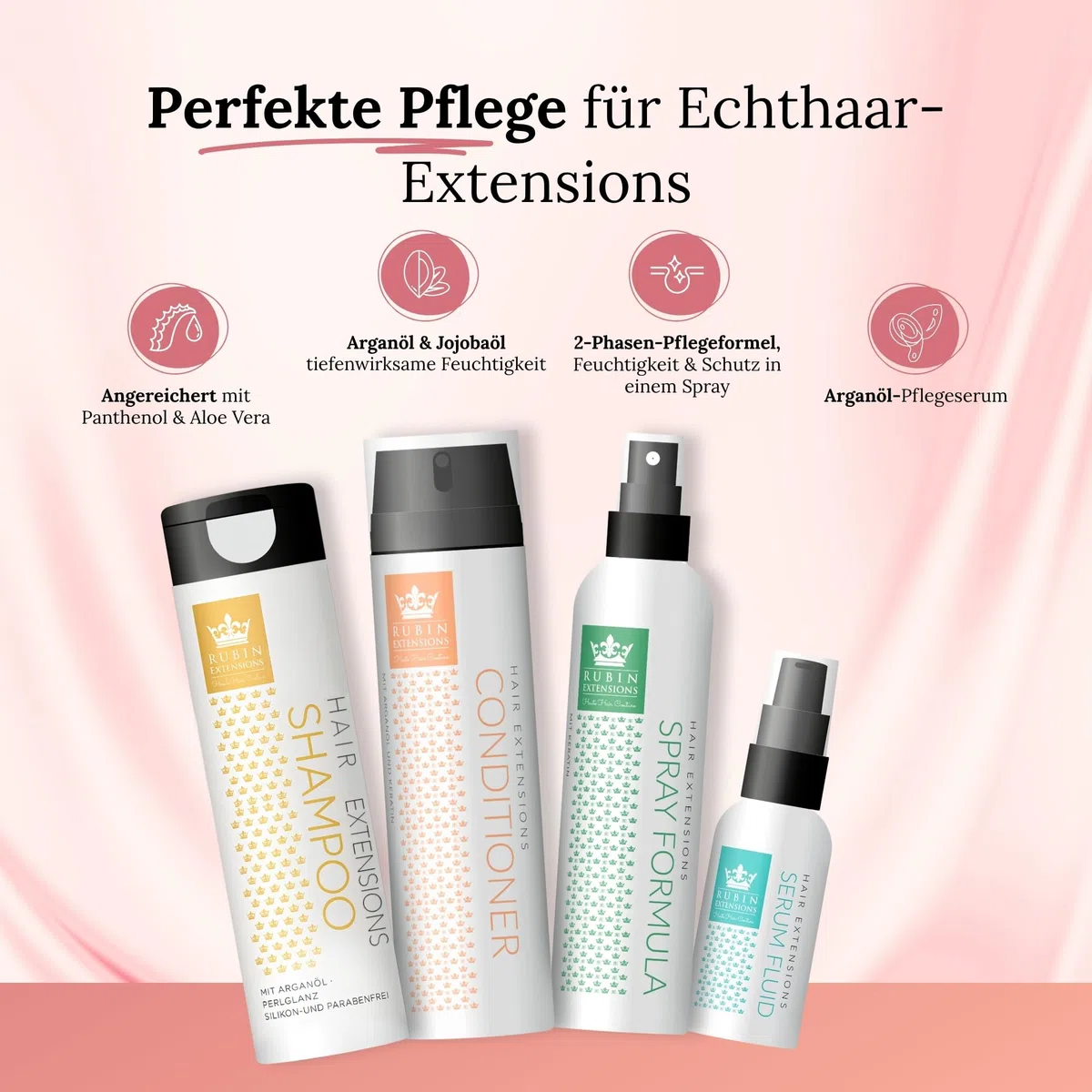 Rubin Extensions Komplett-Pflegeset – Conditioner 200 ml, Shampoo 250 ml, 2‑Phasen Spray 200 ml & Haarserum 50 ml – Extensions Pflege für Haarverlängerungen, Echthaar & Perücken – Sulfatfrei, Keratin