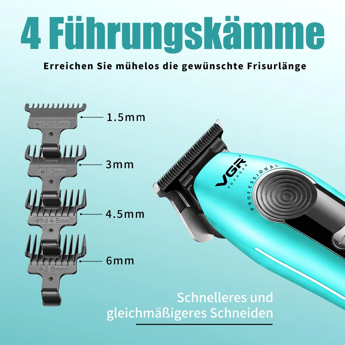 VGR 299 Konturen Haarschneidemaschine Profi, Trimmer Herren mit LED-Display | Kabelloses Haartrimmer Herren Mit Keramik-T-Klinge, 4 FüHrungskamm, 7000 U/Min Motor, 5 Geschwindigkeitsregler
