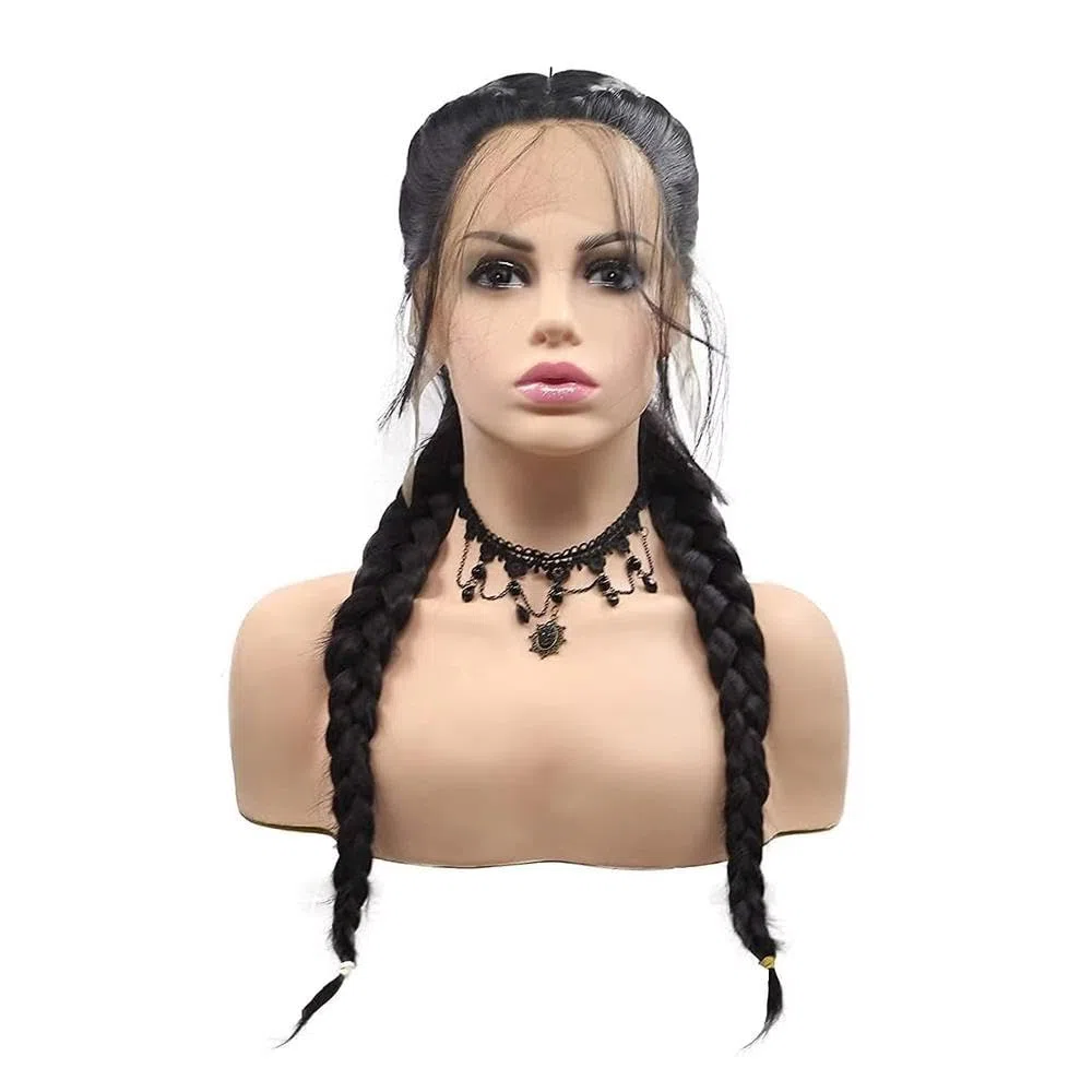 Haarpflege 24 Zoll Schwarze Doppelgeflecht-Mittelteil-Lace-Front-Perücke Für Frauen Hitzebeständige Faser