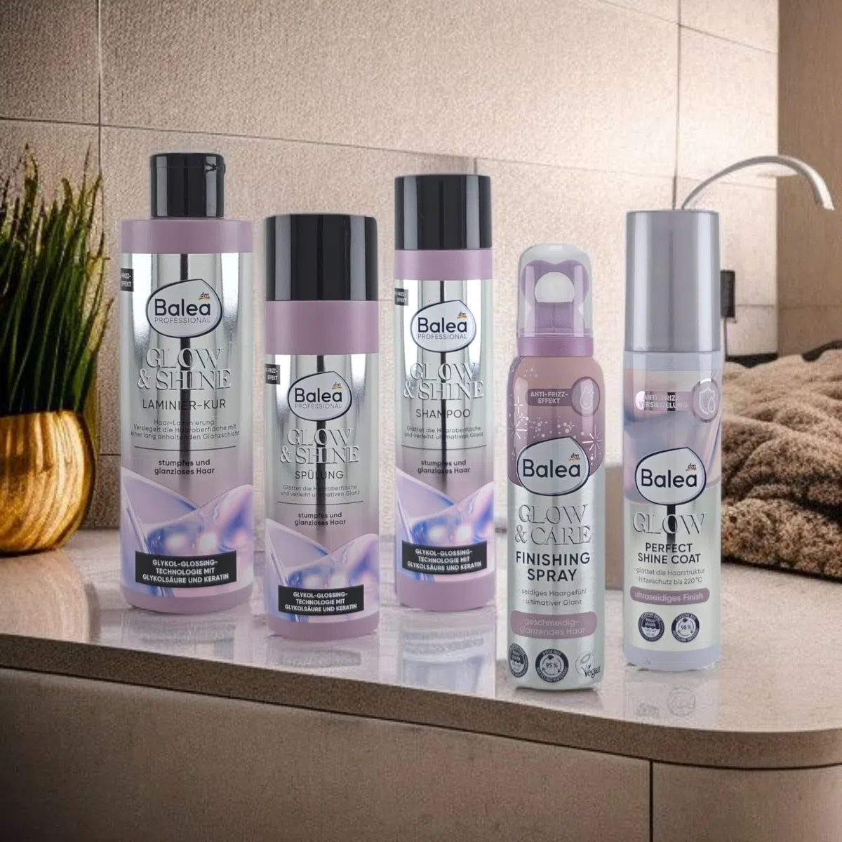 Balea GLOW & SHINE Komplett-Set (5-teilig) | Ultimatives Haarpflege-System für Spiegelglanz mit Shampoo, Spülung, Laminier-Kur, Hitzeschutz & Finishing Spray | mit Glykol-Glossing-Technologie