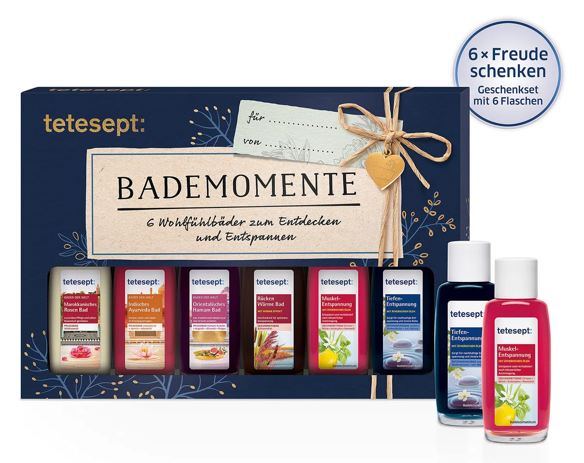 tetesept Bäder Geschenkset Bademomente – Badezusatz Probierset mit Geschenkanhänger - das ideale Präsent für jeden Anlass – 1 x Badeset (6 x 20 ml) (Packung mit 3)