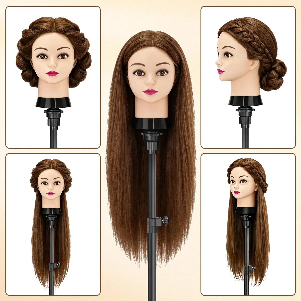 TwoWin Frisierkopf 80% Echthaar, Übungskopf 24 Zoll /60cm Friseurkopf, Trainingskopf für Friseure für Styling & Friseurpraxis mit Tischhalter + DIY Haare Frisuren Set (Braun)