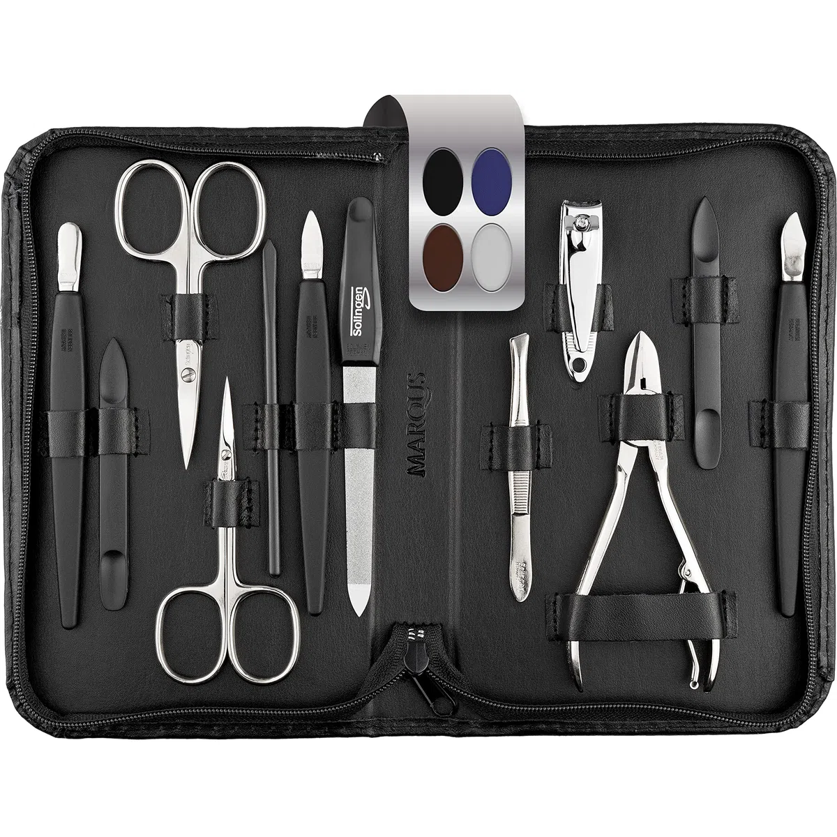 marQus Solingen Mega Maniküre Pediküre Set 12 Teile - Nageletui für Herren und Damen mit allem was man für die Nagelpflege braucht, in hochwertigem Echt-Leder Etui, Schwarz