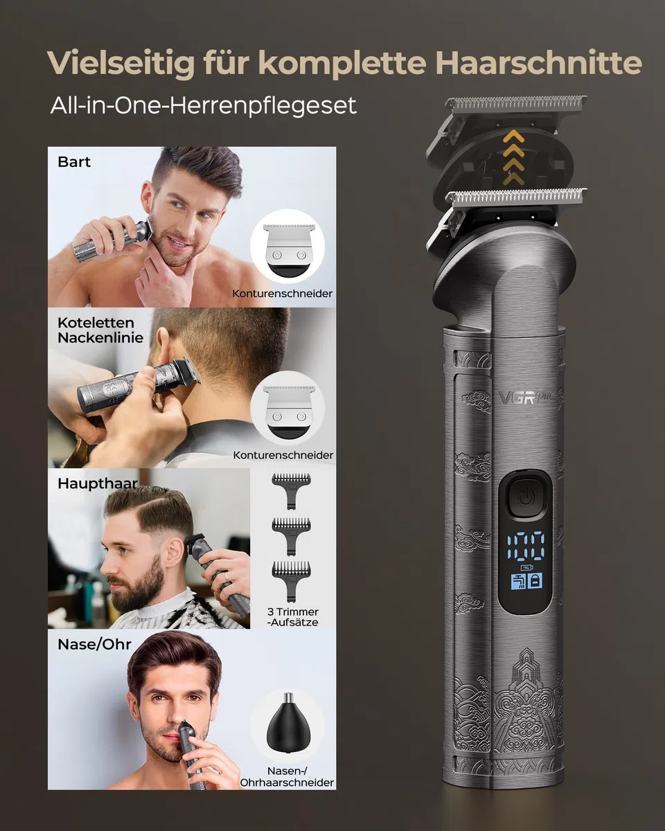 VGRPRO Haarschneidemaschine Profi Trimmer Set, Wasserdichtes Elektrorasierer Folienrasierer, Kabellos, 4-Gang-Einstellung, LED-Batterieanzeige