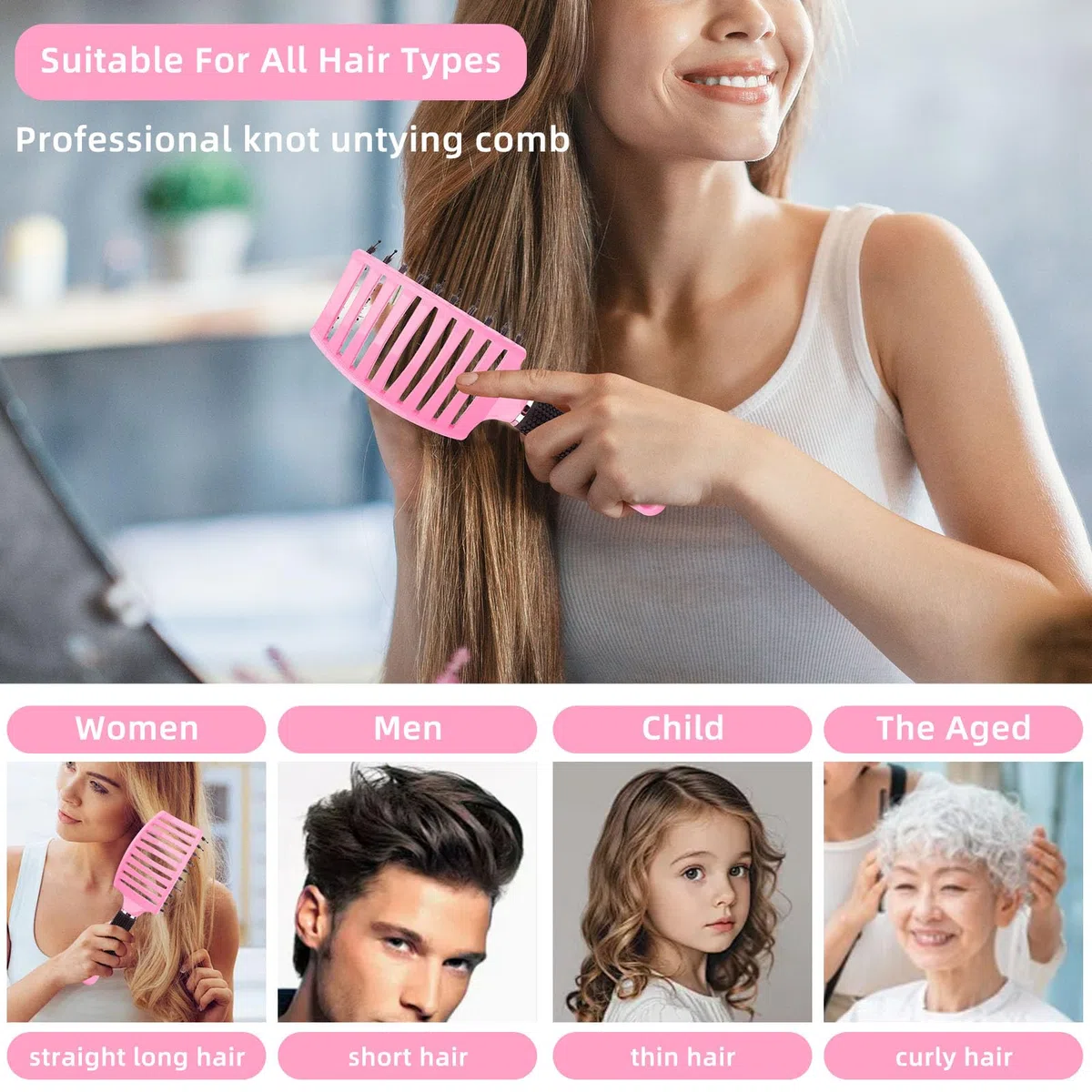 Entwirrungsbürste für nasses und trockenes Haar – schmerzfreie Haarbürste zum Entwirren von Knoten, Glätten und Stylen, für Erwachsene und Kinder, sanft zu lockigem/dickem Haar (Rosa)
