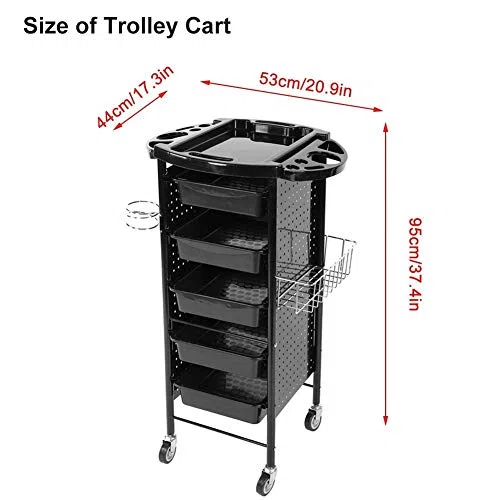 Arbeitswagen Friseur 6 Etagen Haar Salon Lagerung Trolley Cart mit Rädern Fönhalter 5 Schubladen 95 x 53 x 44cm