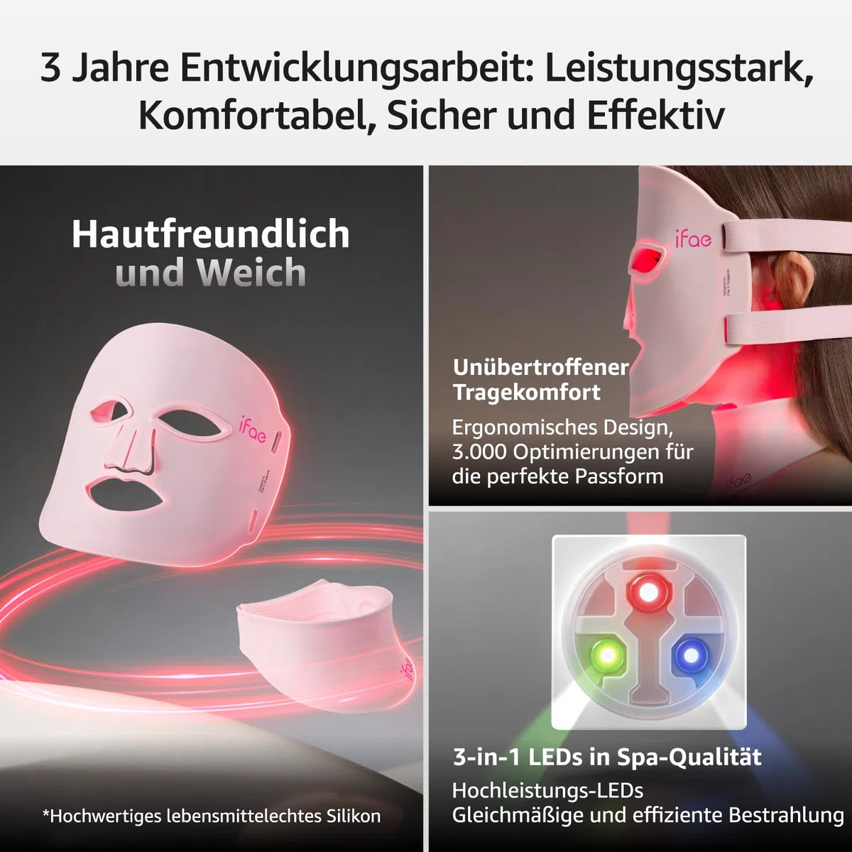LED Gesichtsmaske aus Silikon, 7 Farben, 396 Chips, Kabellos, Wiederaufladbar, Timer (5/10/15/20), für alle Hauttypen (Pink)