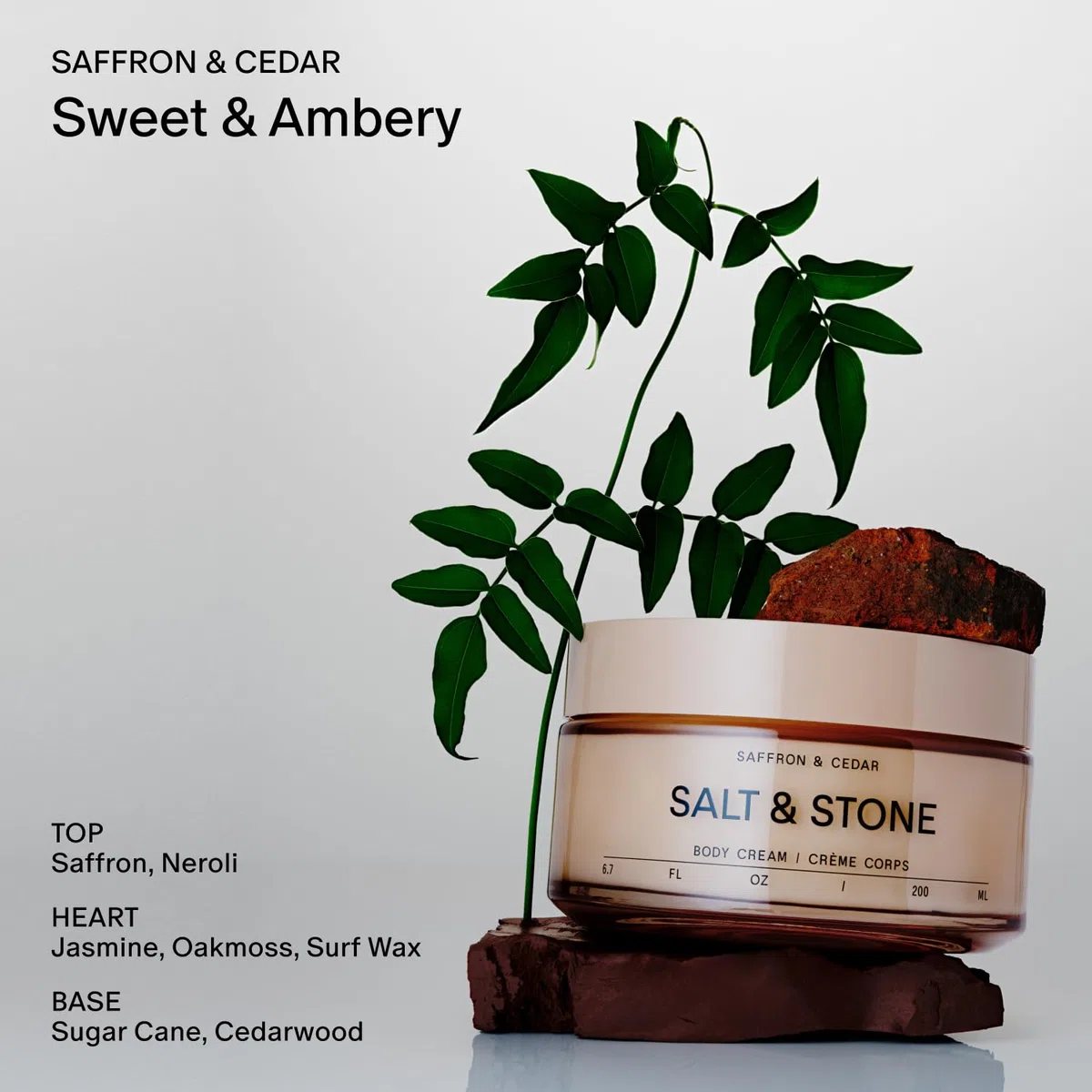 Salt & Stone Körpercreme, feuchtigkeitsspendende Formel mit Algenextrakten, Spirulina und Squalan, tiefe Hydratation, Unterstützung der Hautbarriere und gesunder Glanz, für alle Hauttypen, Safran und