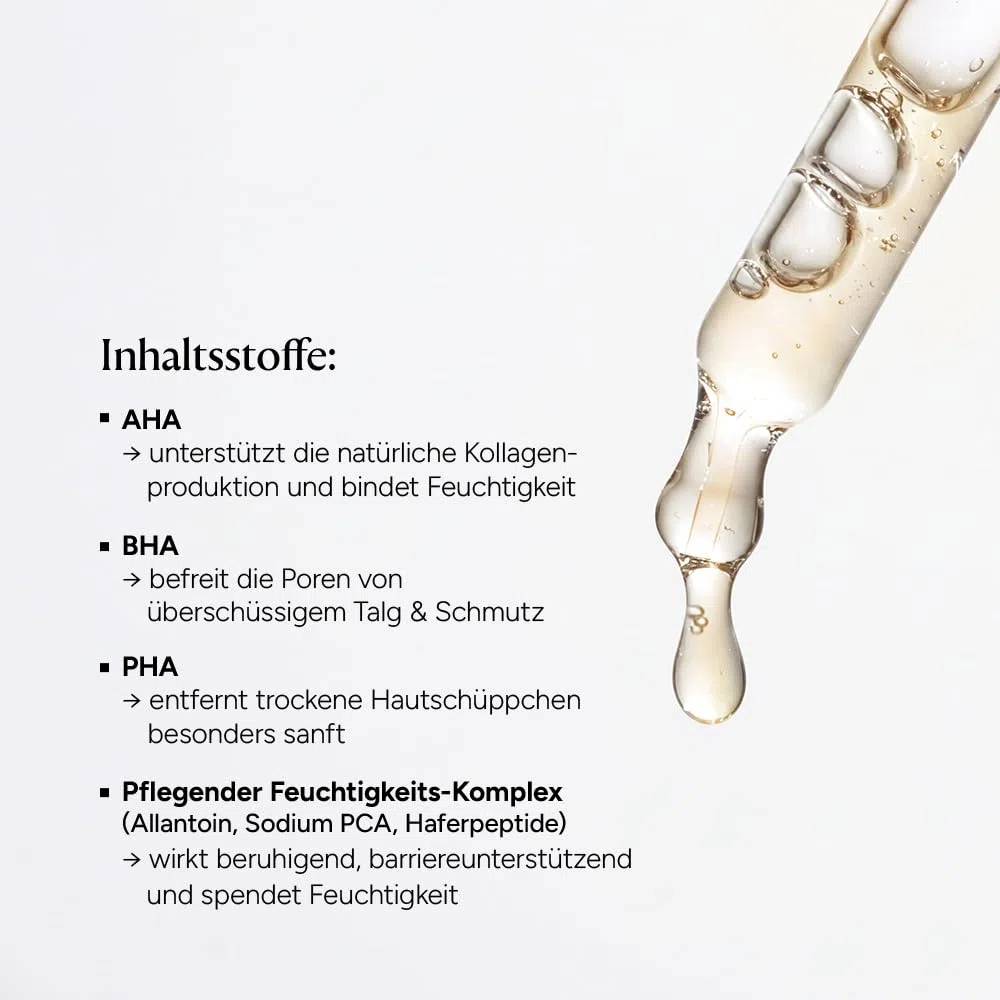 JUNGLÜCK Smoothing Peeling Serum – AHA 6,5%, BHA 2% & PHA 1,5% Gesichtspeeling mit 3-fach Säure-Komplex, für verfeinerte Poren & glatte, strahlende Haut, gegen Mitesser & Unreinheiten, 30ml