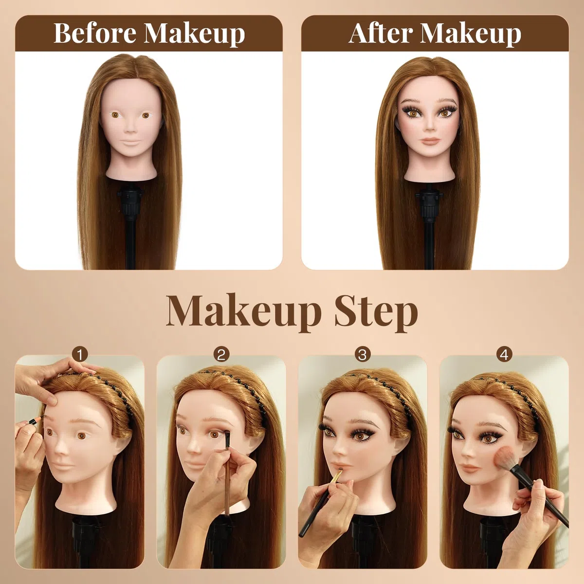 Neverland 24 Zoll Schminkkopf Frisierkopf mit Ständer 80% Echthaar Übungskopf Trainingsköpfe Friseurkopf mit Halter + Hair Styling Braid Set