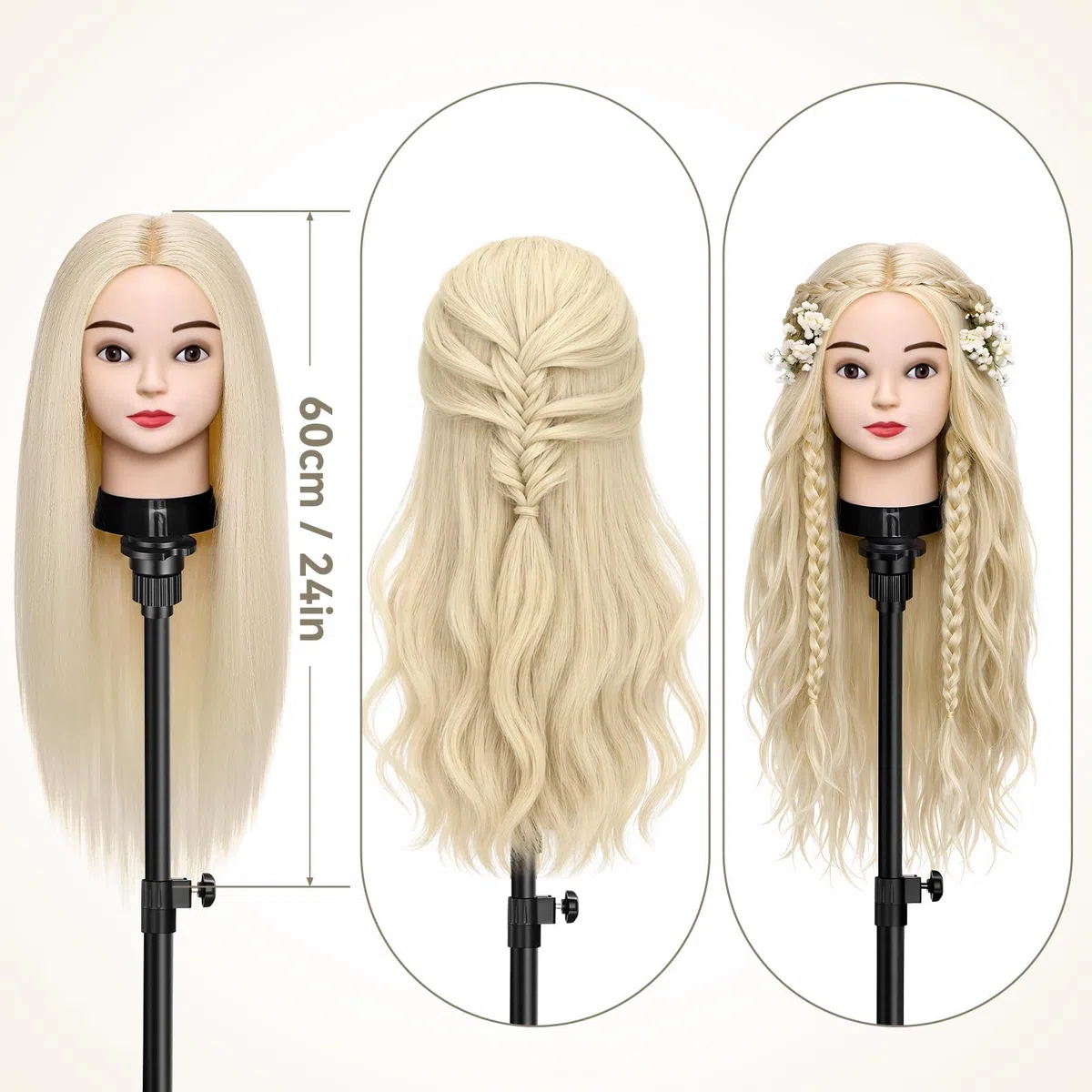 TwoWin Trainingsköpfe 80% Echtes Haar Blond Friseur Training Modell Mannequin Kopf mit Halterung Styling Glätten Locken Dauerwelle
