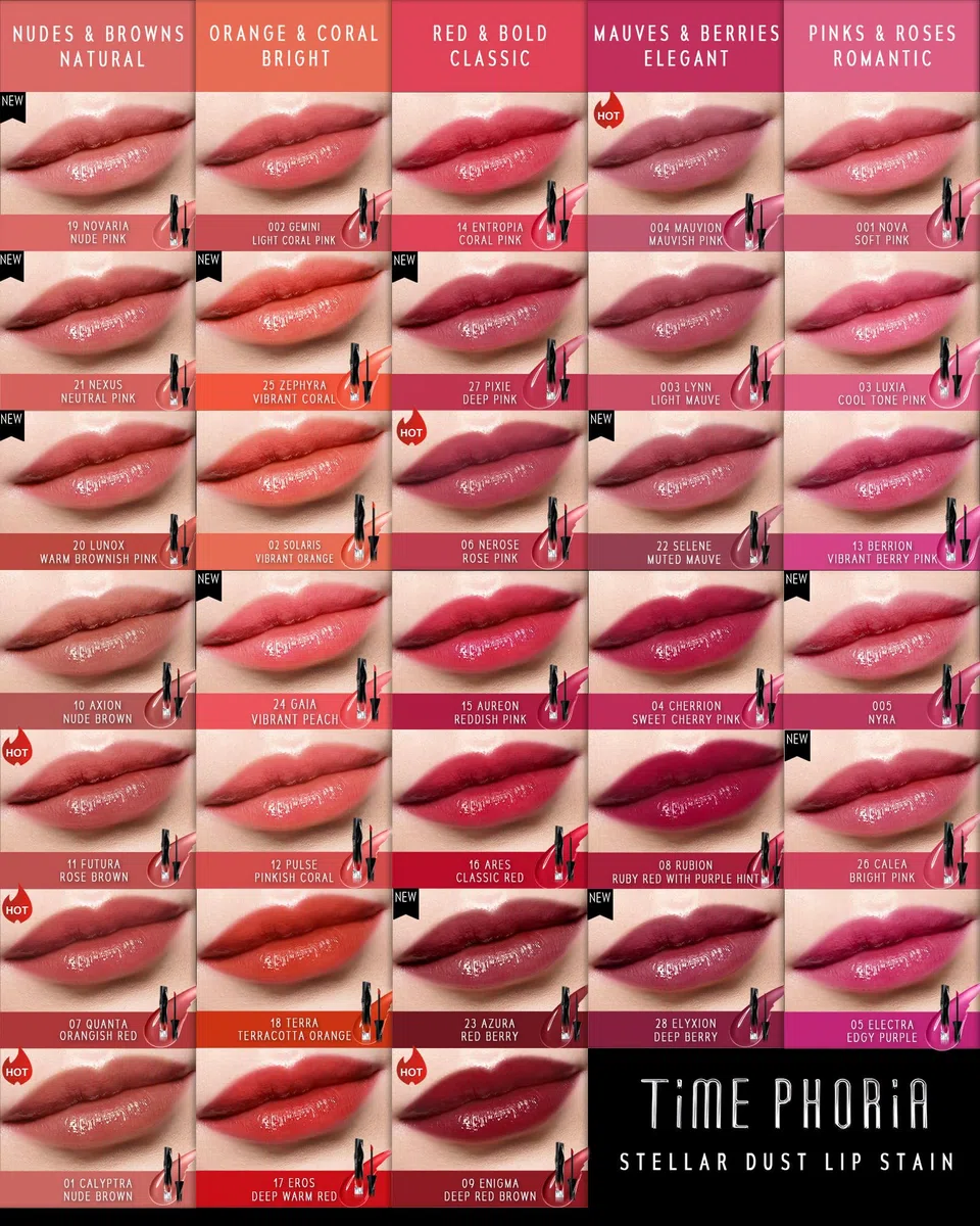 TIMEPHORIA STELLAR DUST LIP STAIN-Long Lasting, wasserdicht und transferproof Lip Tint, glänzendes Finish, leichter Lipstick, hohe Abdeckung, lebendige Farbe (05 ELECTRA)