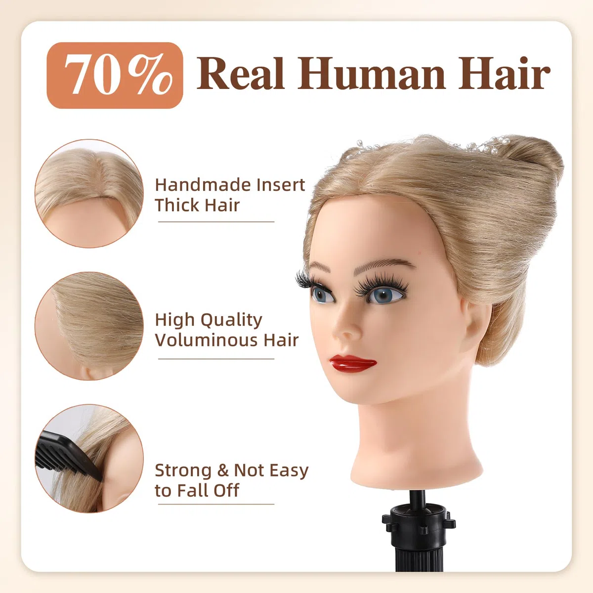 Frisierkopf mit Übungskopf Ständer 70% Echthaar Puppenkopf zum Frisieren Trainingsköpfe für Friseure Ausbildung Kopf mit Tischklemme, DIY Haarflecht Set (Blond)