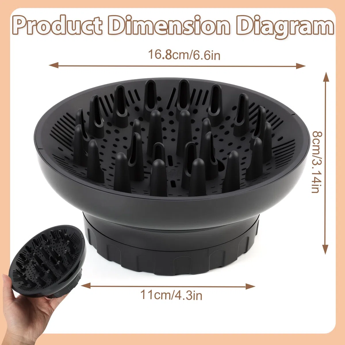 Universal Diffusor Aufsatz Föhn – Diffuser für Haar, Anpassungsfähig für Föhn mit Düse D=3.5-6.6cm, für Lockiges/Welliges Haar (Maximales Volumen ohne Frizz), Schwarz