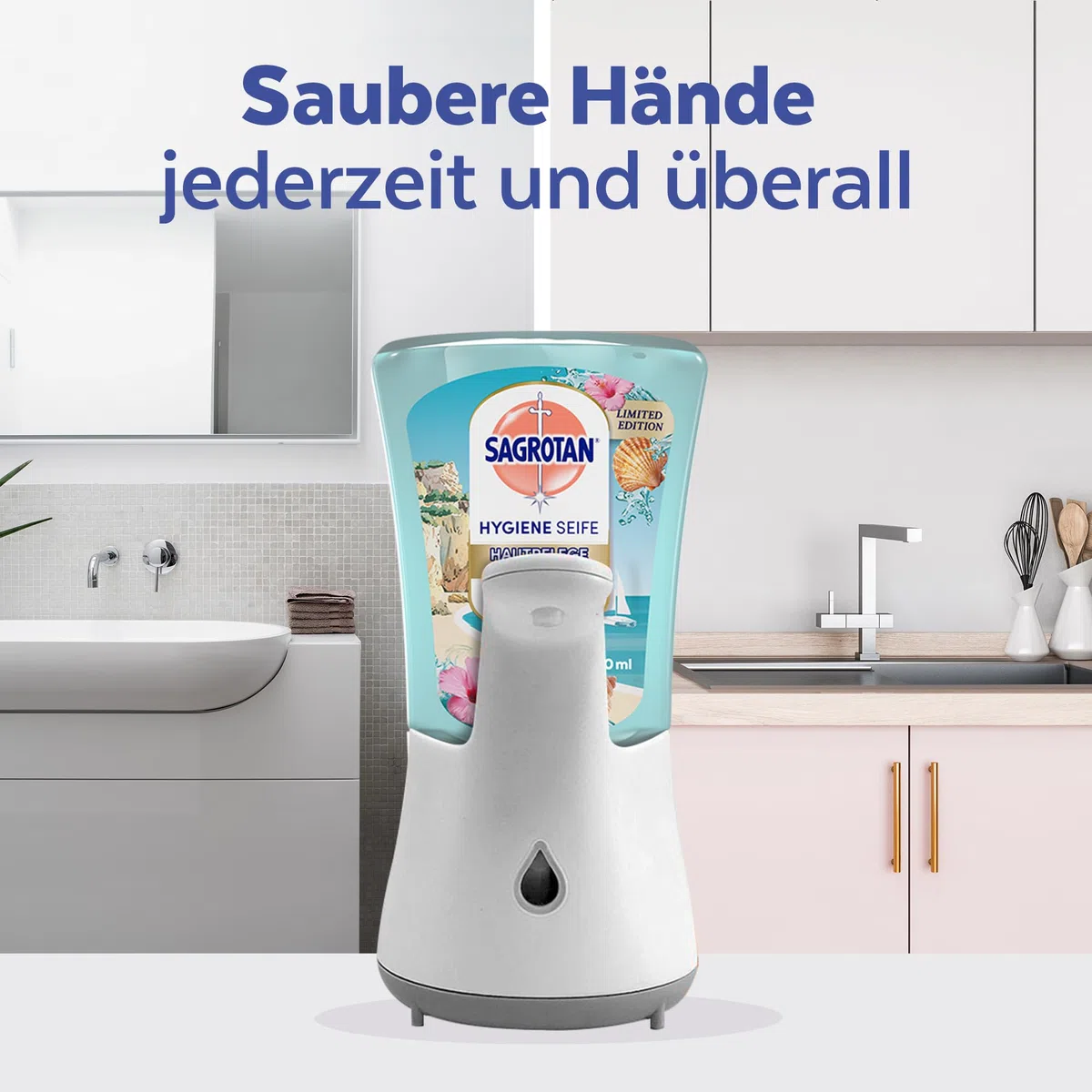Sagrotan No-Touch Starter-Set – Automatischer Seifenspender - inkl. 3 x 250 ml Summer Limited Edition SARDINIA DREAMS