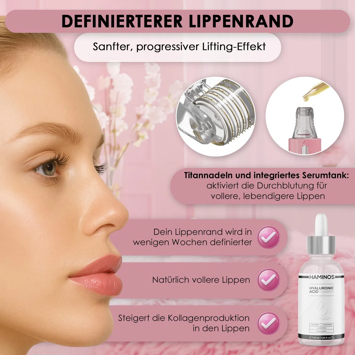 HAMINOS Derma Roller 0,25 mm mit Hyaluronsäure Serum, Microneedle Roller mit Reservoir, Lippenpflege Applikator