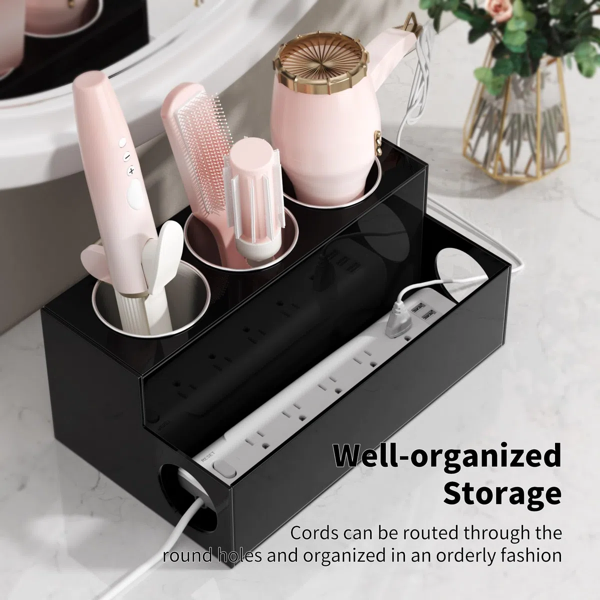 NIUBEE Haar-Werkzeug-Organizer, schwarzer Acryl-Haartrockner und Styling-Organizer, Badezimmer-Aufsatz-Föhn-Halter, Kosmetik-Caddy Aufbewahrungsständer für Zubehör, Make-up, Toilettenartikel