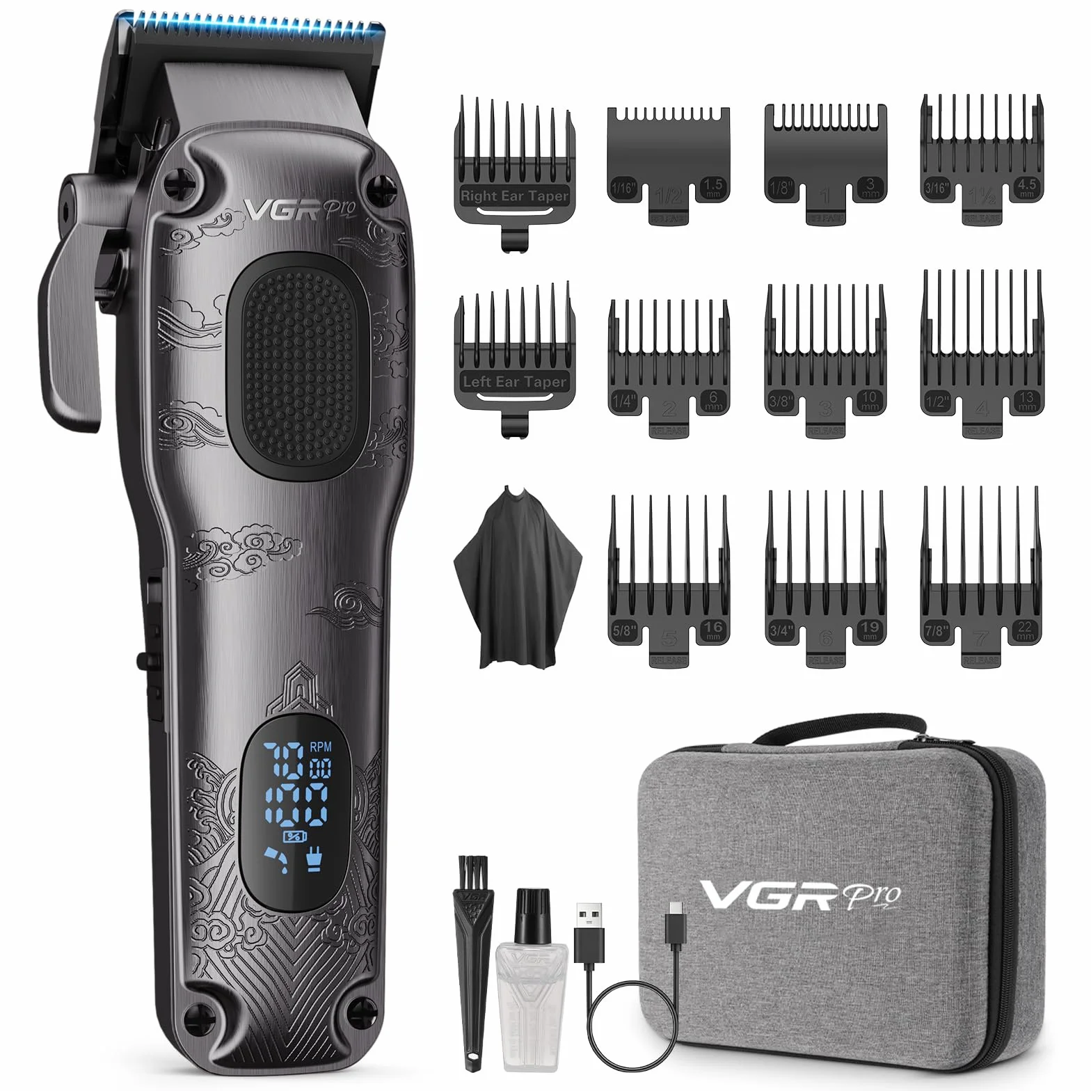 VGRPRO Haarschneidemaschine Profi Akku kabellos Clipper mit Etui LED-Anzeige Grau