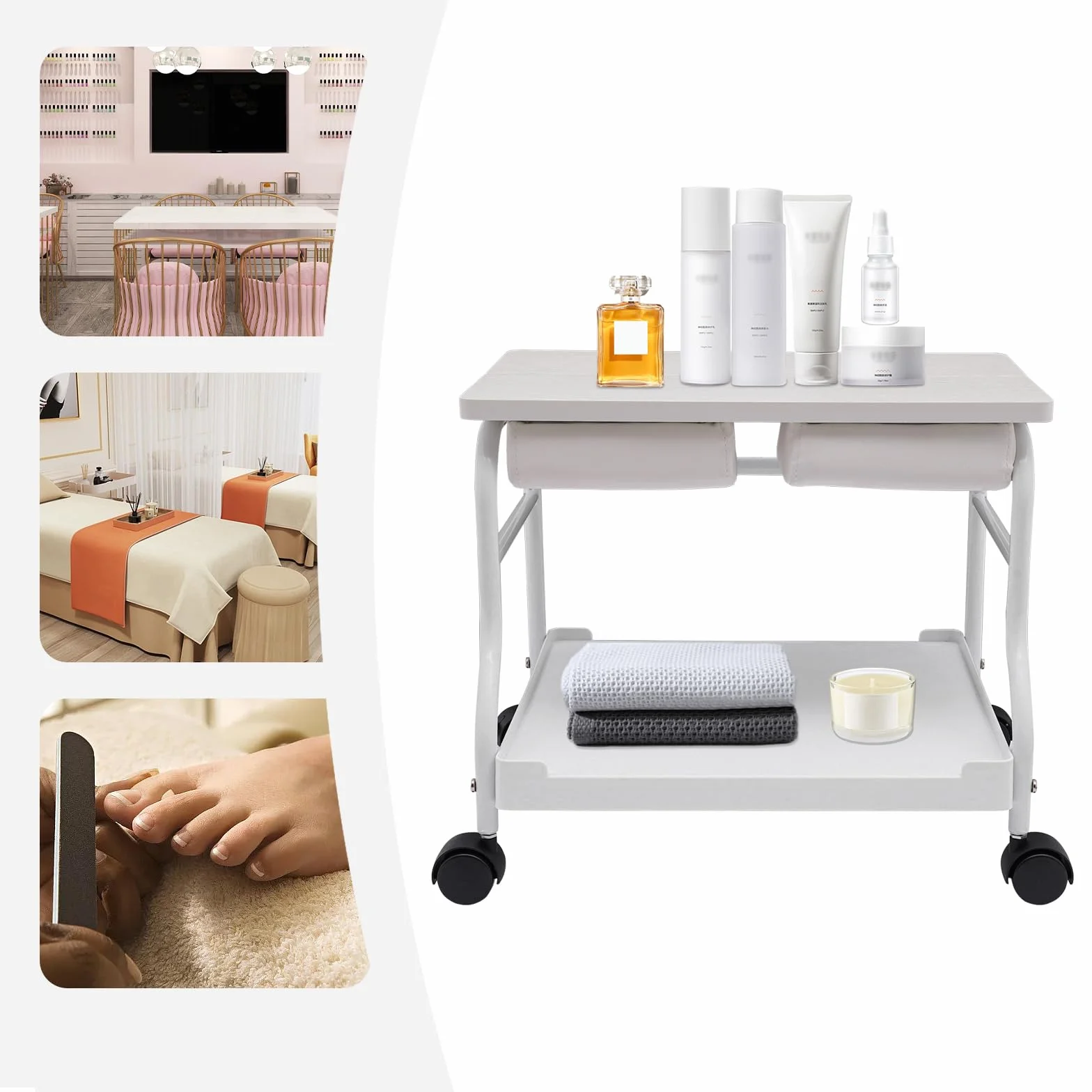 Fußbad Spa Tragbar Trolley, mit Zusammenklappbarer Tischplatte und Klein Lenkrollen, Fußstütze Pediküre Maniküre Funiture Massage Tisch Salon für Fußbäder, Fußmaniküre, Fußmassagen