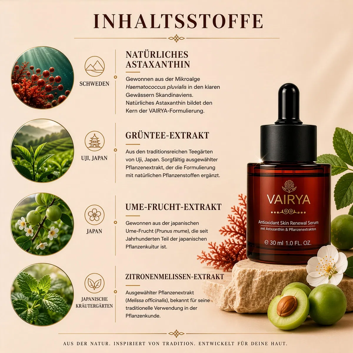 Astaxanthin Gesichtsserum 30 ml – Retinolfreies Anti-Aging Serum mit natürlichem Astaxanthin aus Mikroalgen, japanischen Pflanzenextrakten & Grüntee – Entwickelt in Deutschland | VAIRYA