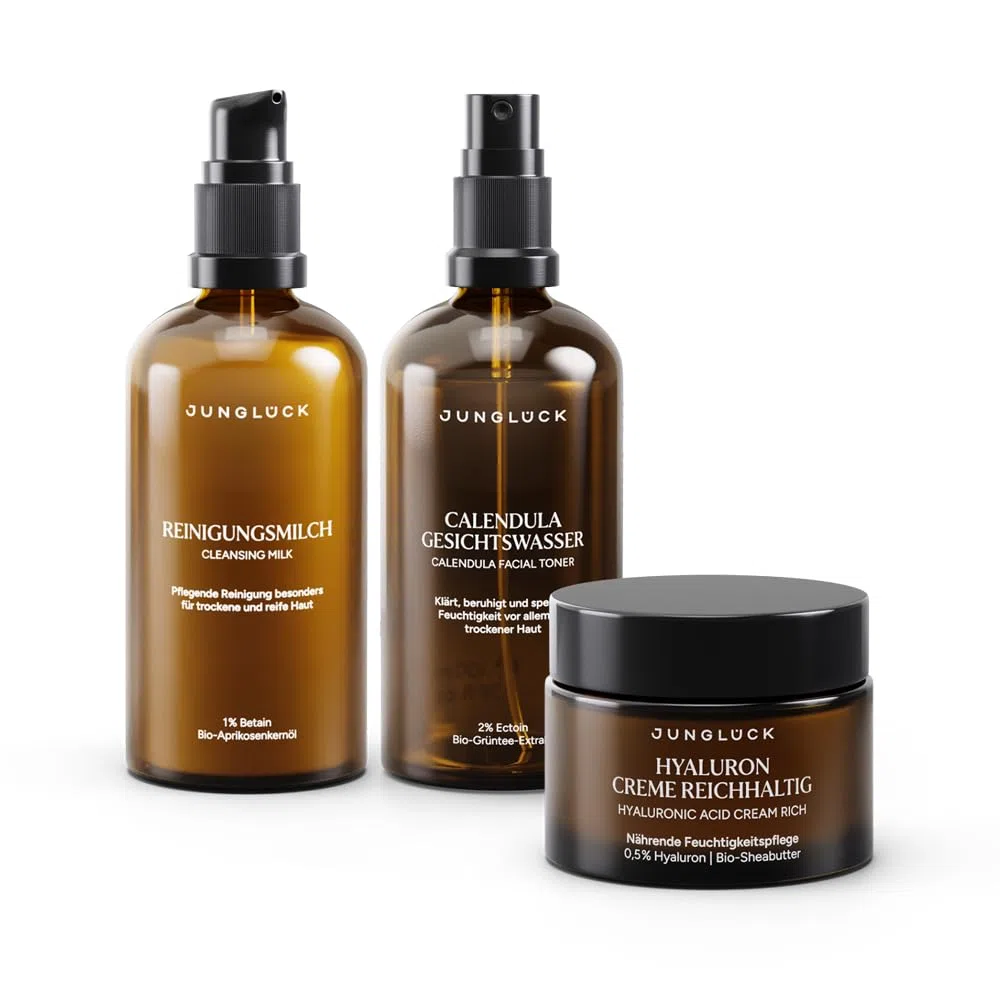 JUNGLÜCK Basis-Pflege Trockene Haut | Reinigungsmilch + Calendula Gesichtswasser + Hyaluron Creme Reichhaltig – feuchtigkeitsspendend & nährend