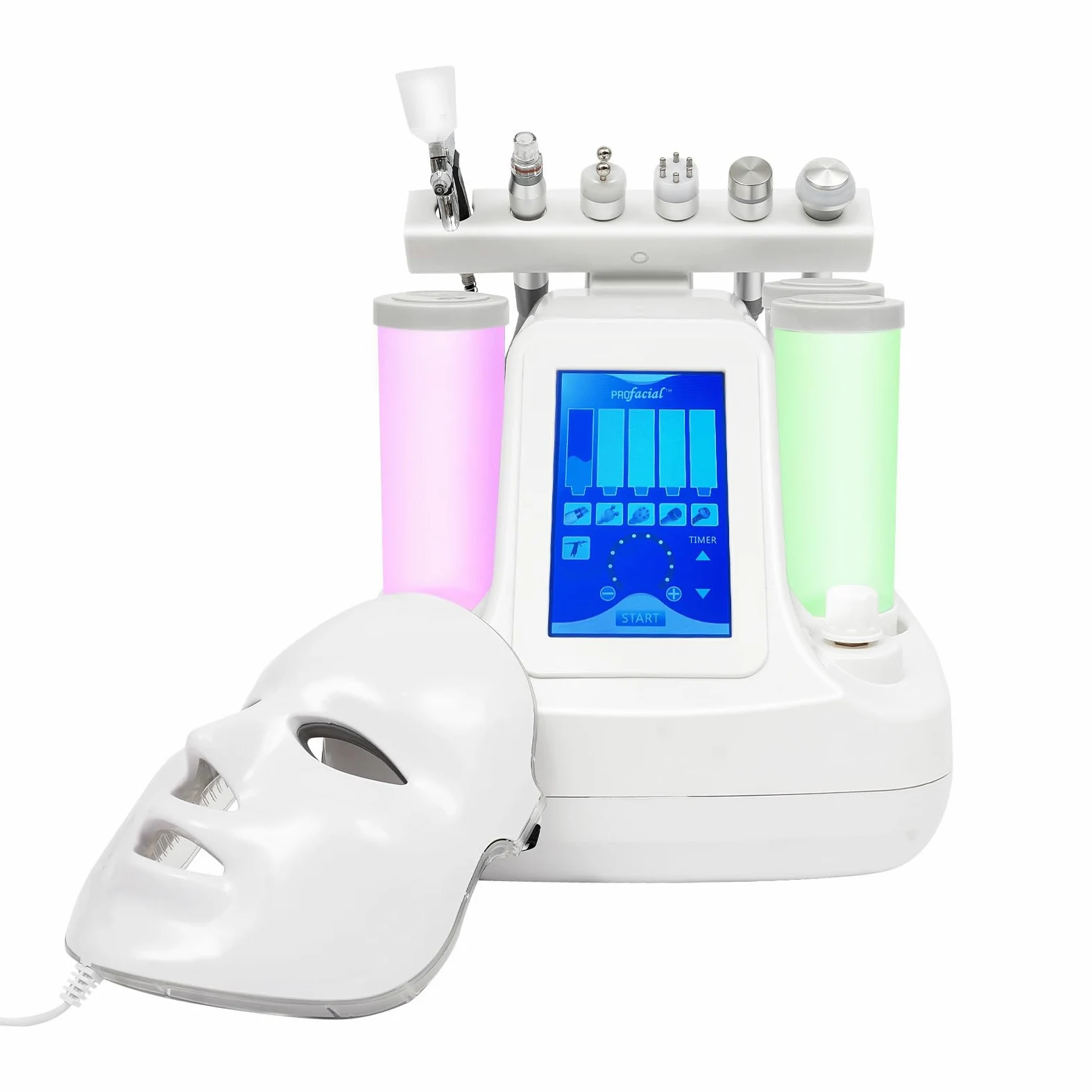 7-in-1 Hydro Dermabrasion Gerät mit LED-Maske, Weiß | 26W, LED-Touchdisplay, 4 Saugmodi, 6 Aufsätze, RF-, Ultraschall-, Kühl- und Mikrosonde, Salon & Zuhause