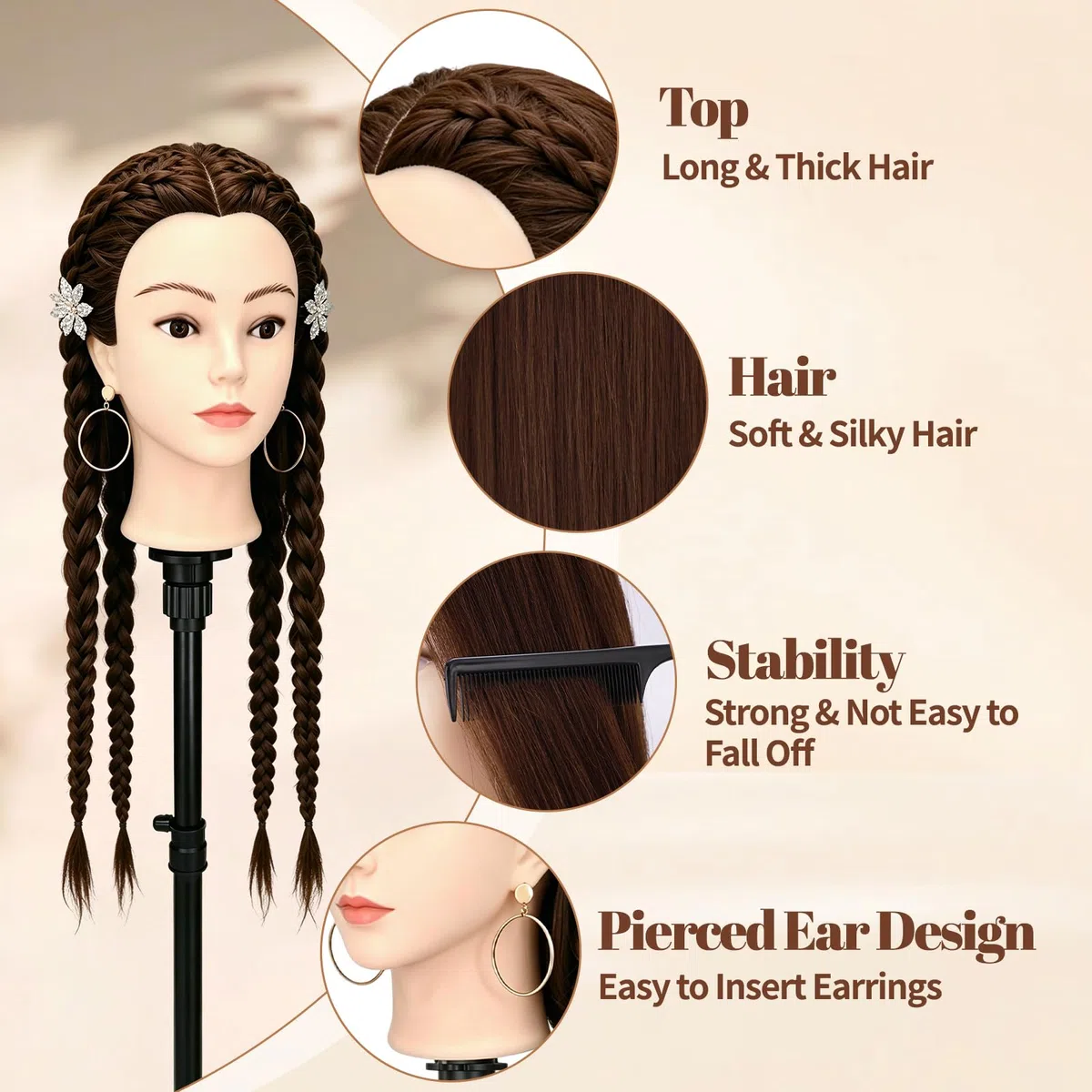 Yofuly 24Zoll 61cm Frisierkopf mit Ohrlöchern 80% Echthaar Übungskopf Friseur Mannequin Kopf mit Tischklemme DIY-Zopfset Braun